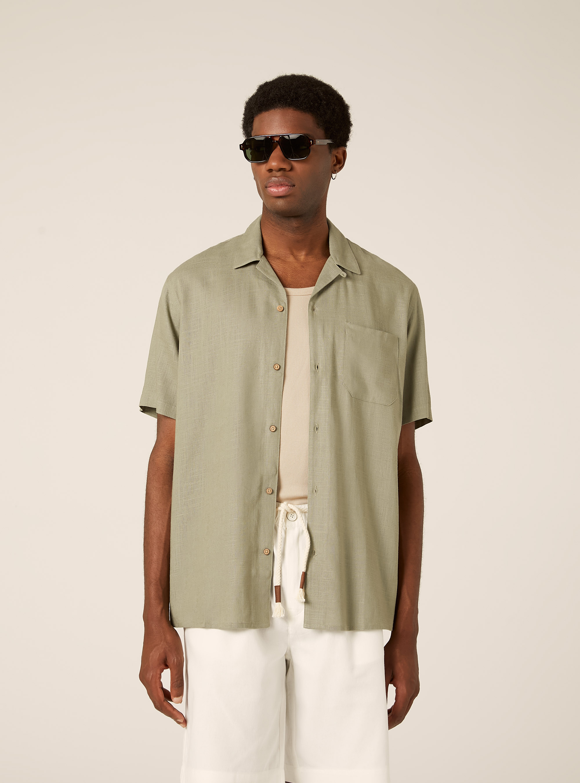 Linen blend shirt with bowling collar, KY3 KAKY LIGHT