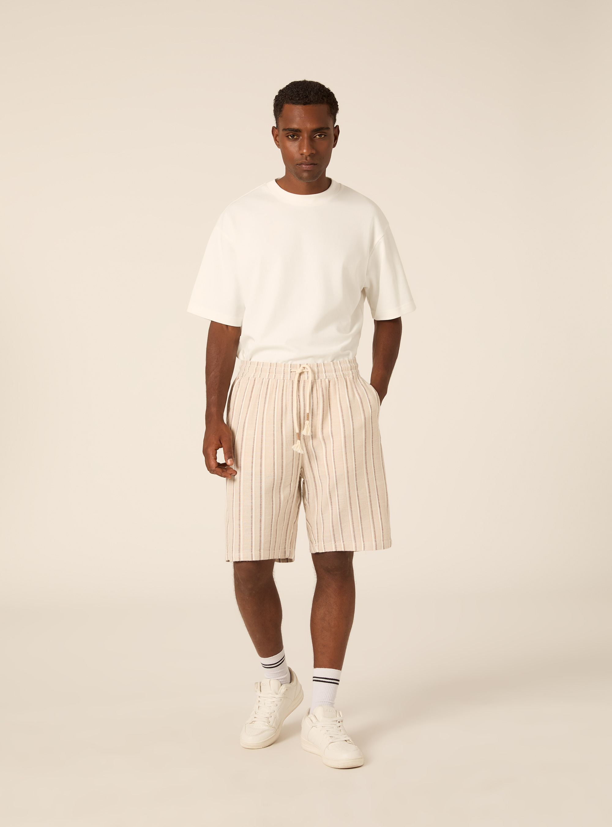 Striped Linen Blend Regular Fit Bermuda Shorts, BG2 BEIGE MEDIUM