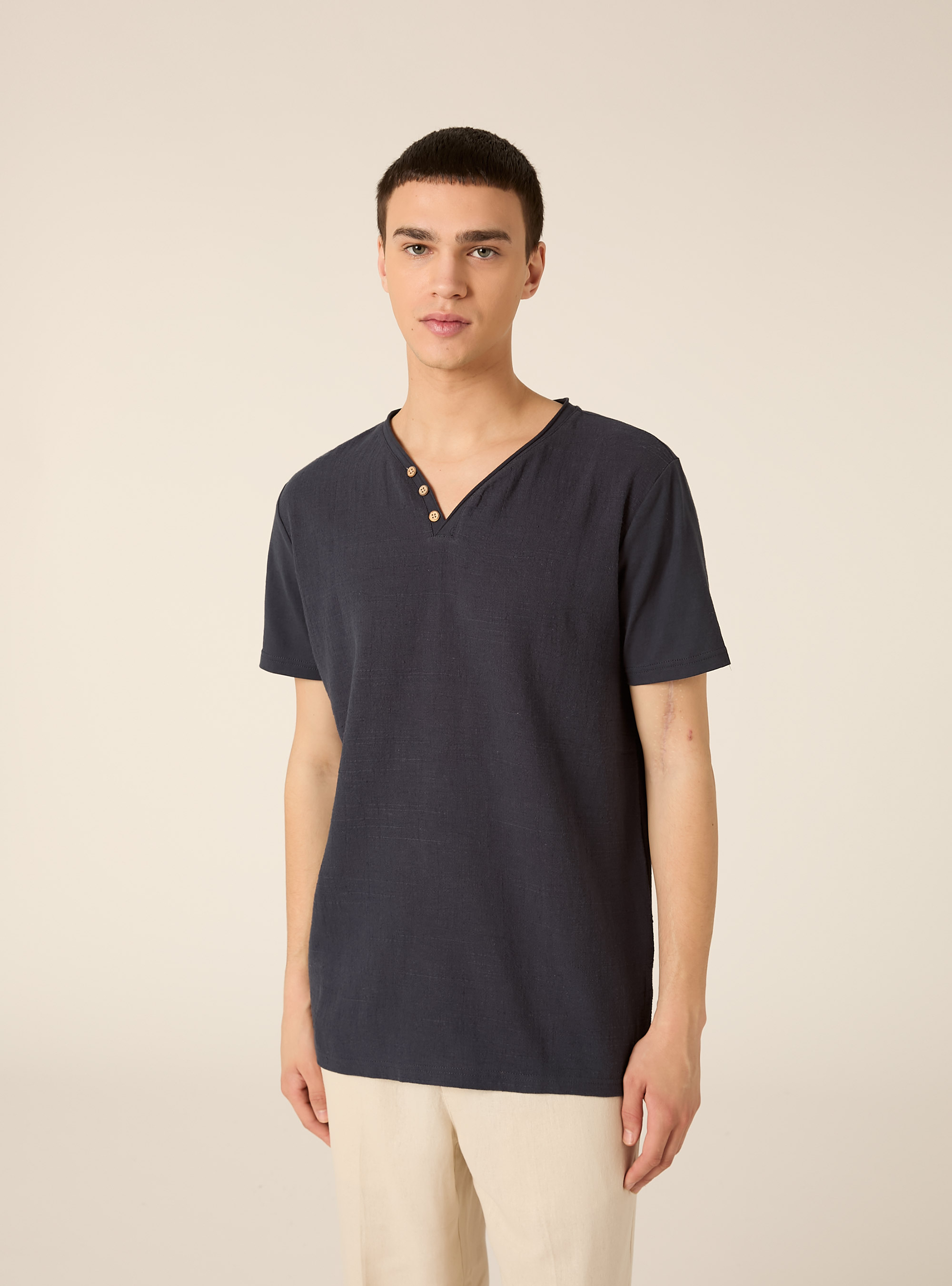 V-neck linen blend T-shirt, NA2 NAVY MEDIUM