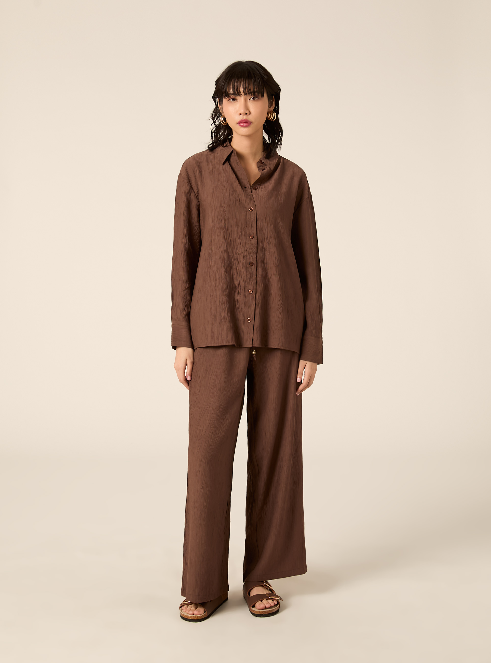 Pantaloni ampi con vita elasticizzata in crepe, BR2 BROWN MEDIUM