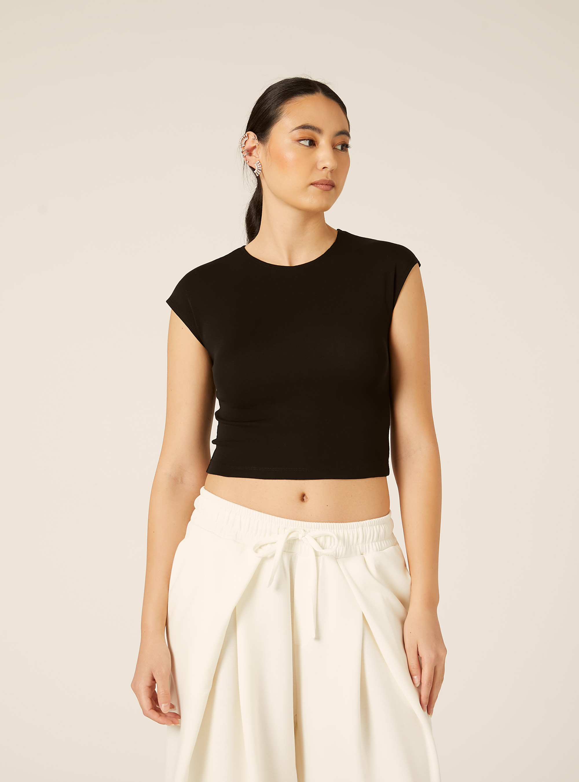 Maglietta crop in cotone, NERO