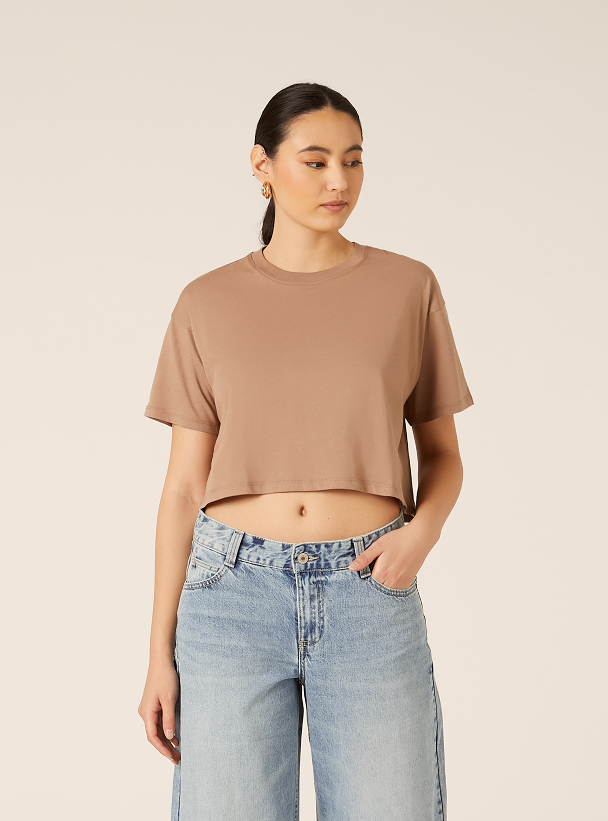 Basic Crew Neck Cropped T-Shirt, BR3 BROWN LIGHT