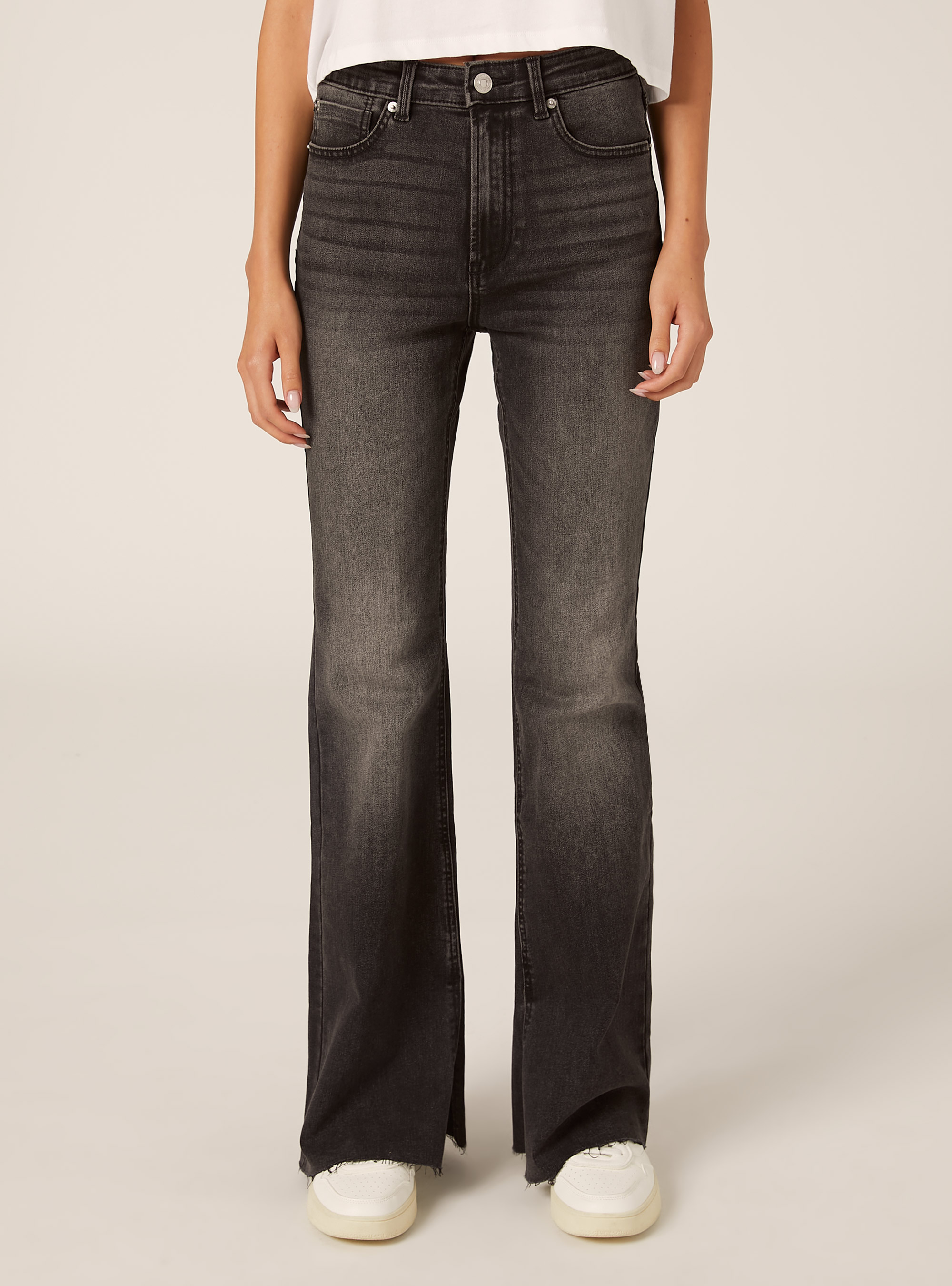 Jeans flare taille haute, D000 BLACK
