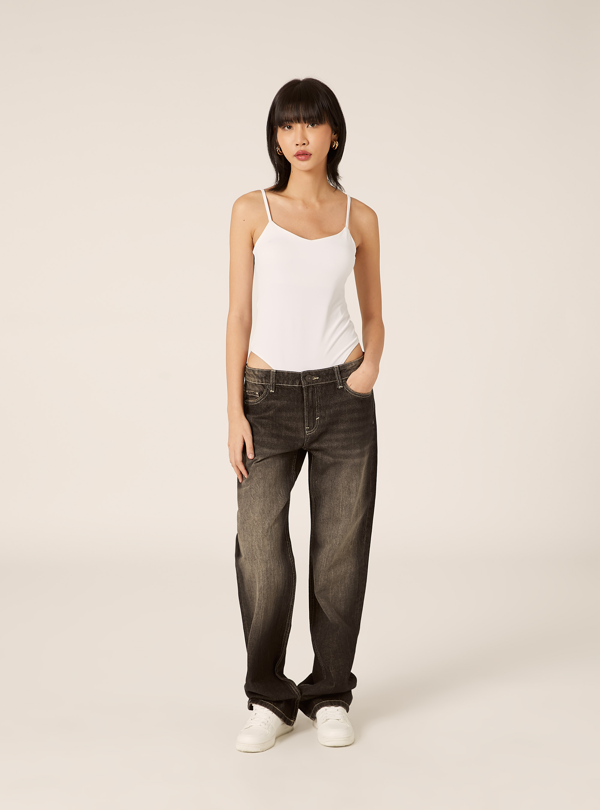 Jeans droit taille basse, D000 BLACK