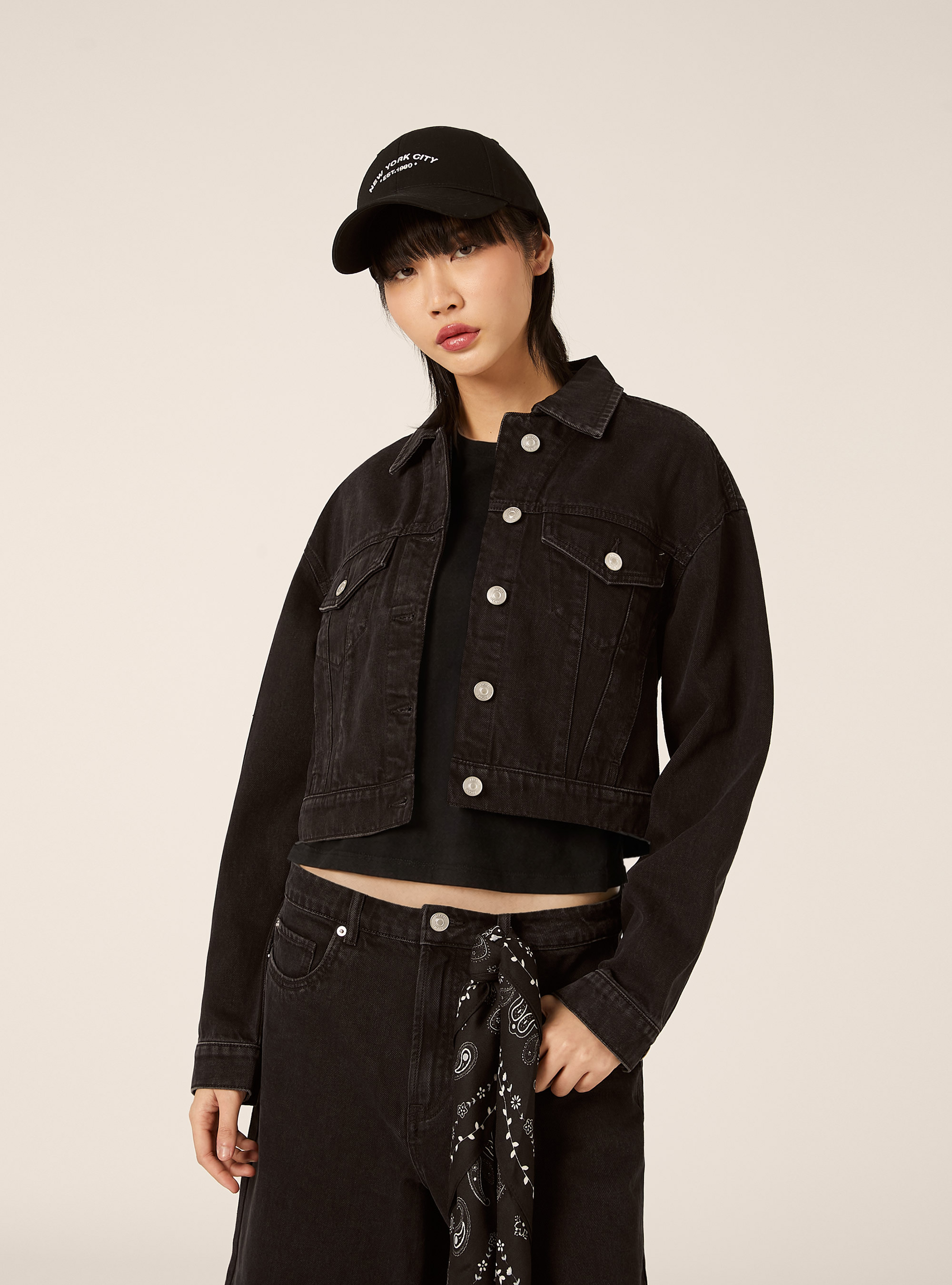 Cropped twill jacket, BK1 BLACK
