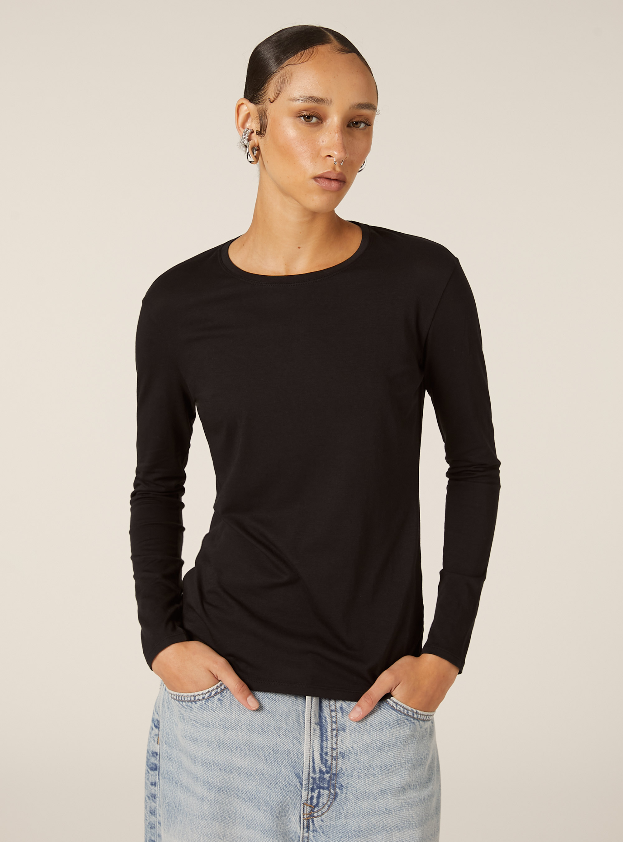 T-shirt basique &agrave; manches longues, BK1 BLACK