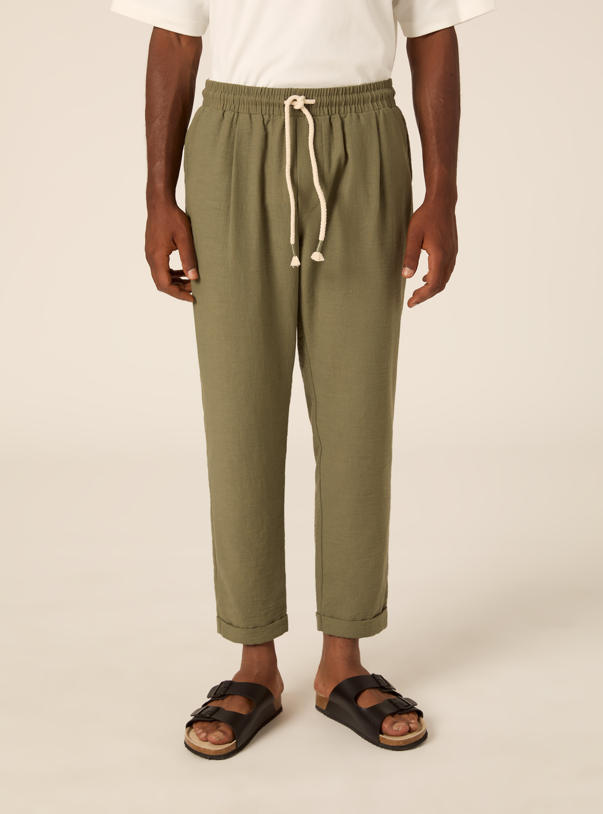 Comfort Fit Pleated Trousers with Drawstring, KY2 KAKY MEDIUM