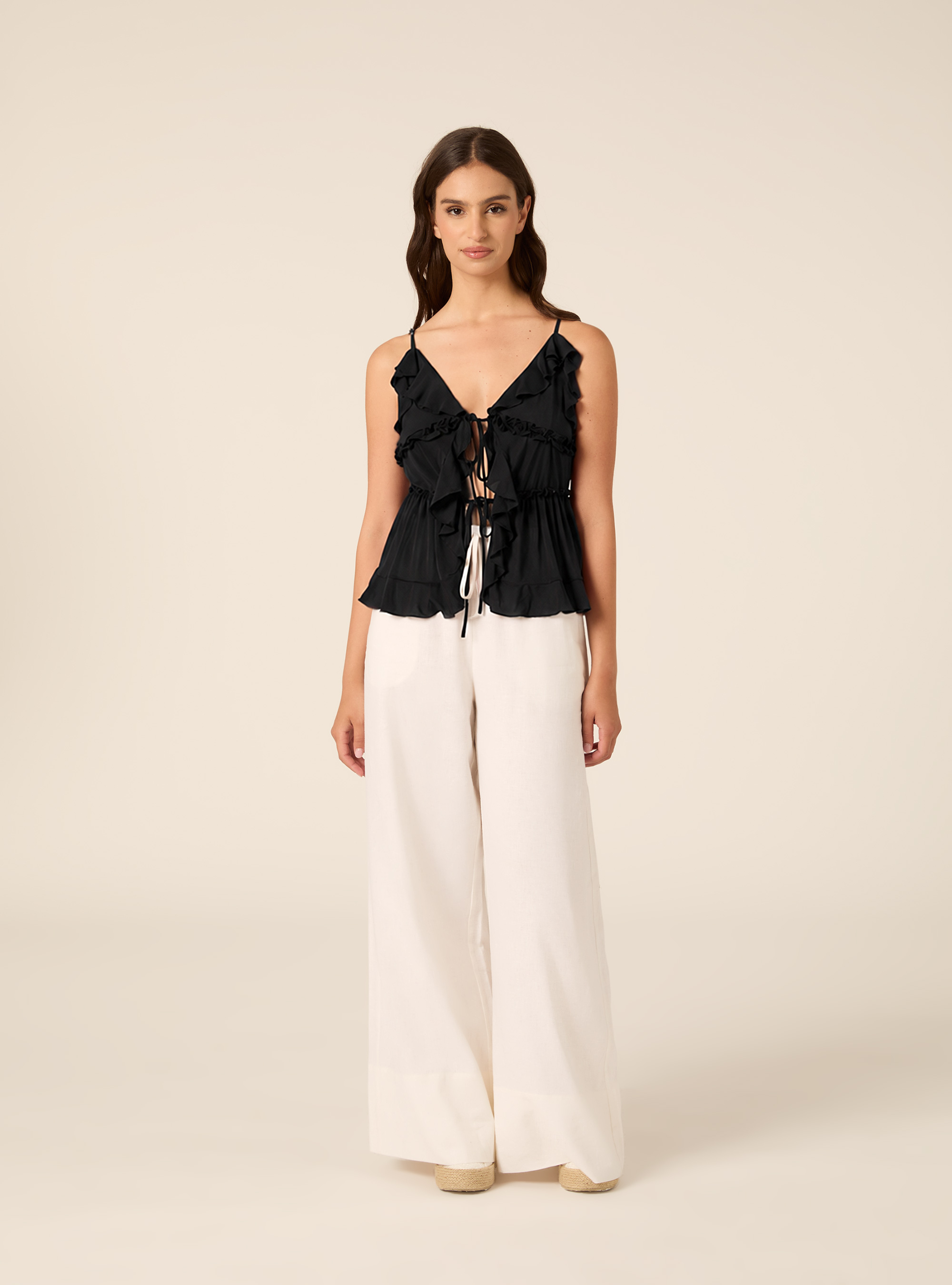 Ruffled Cami Top with Front Tie Details, BK1 BLACK