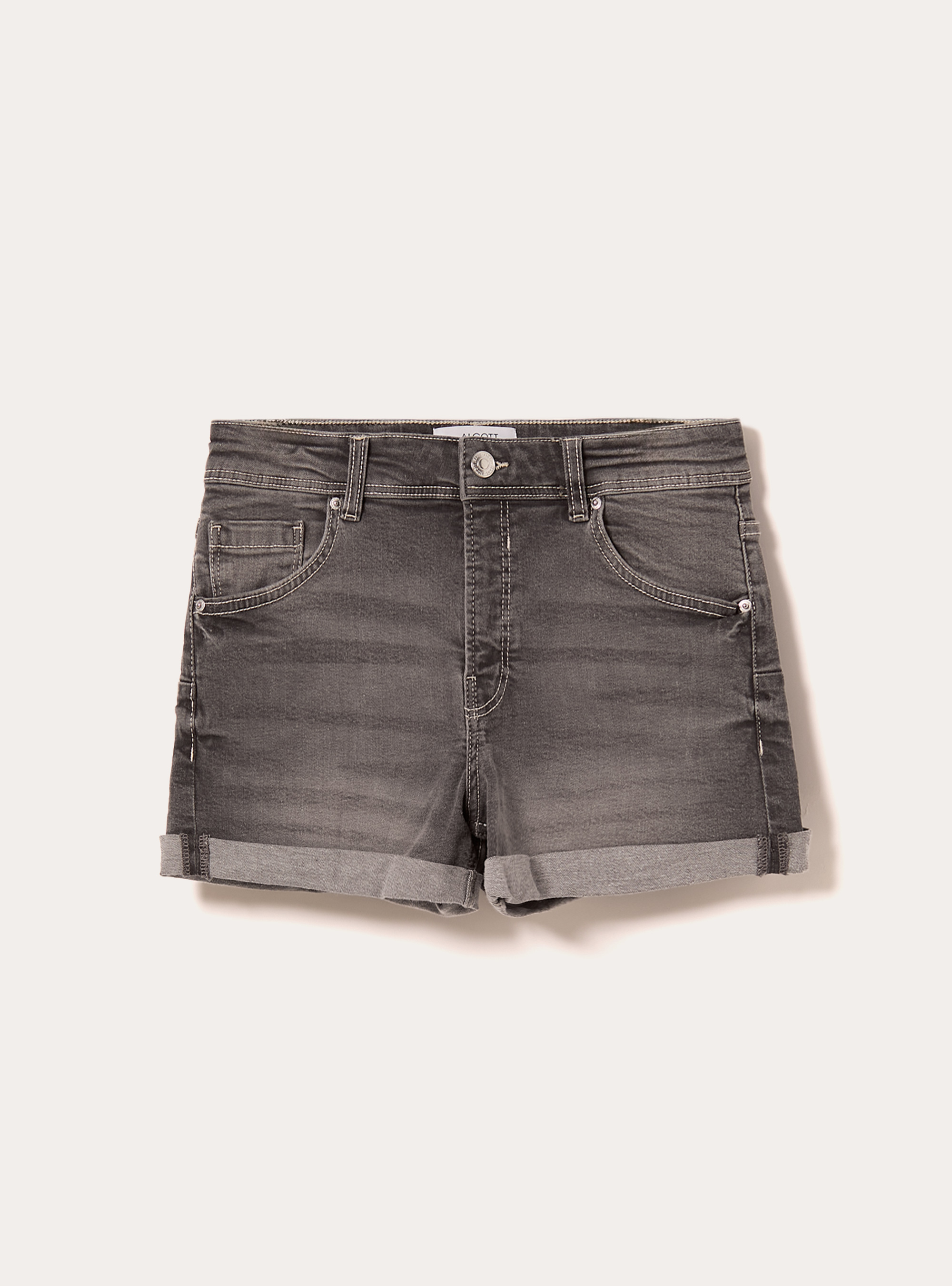 Pantal&oacute;n corto mom slim fit de denim el&aacute;stico, D00G GREY