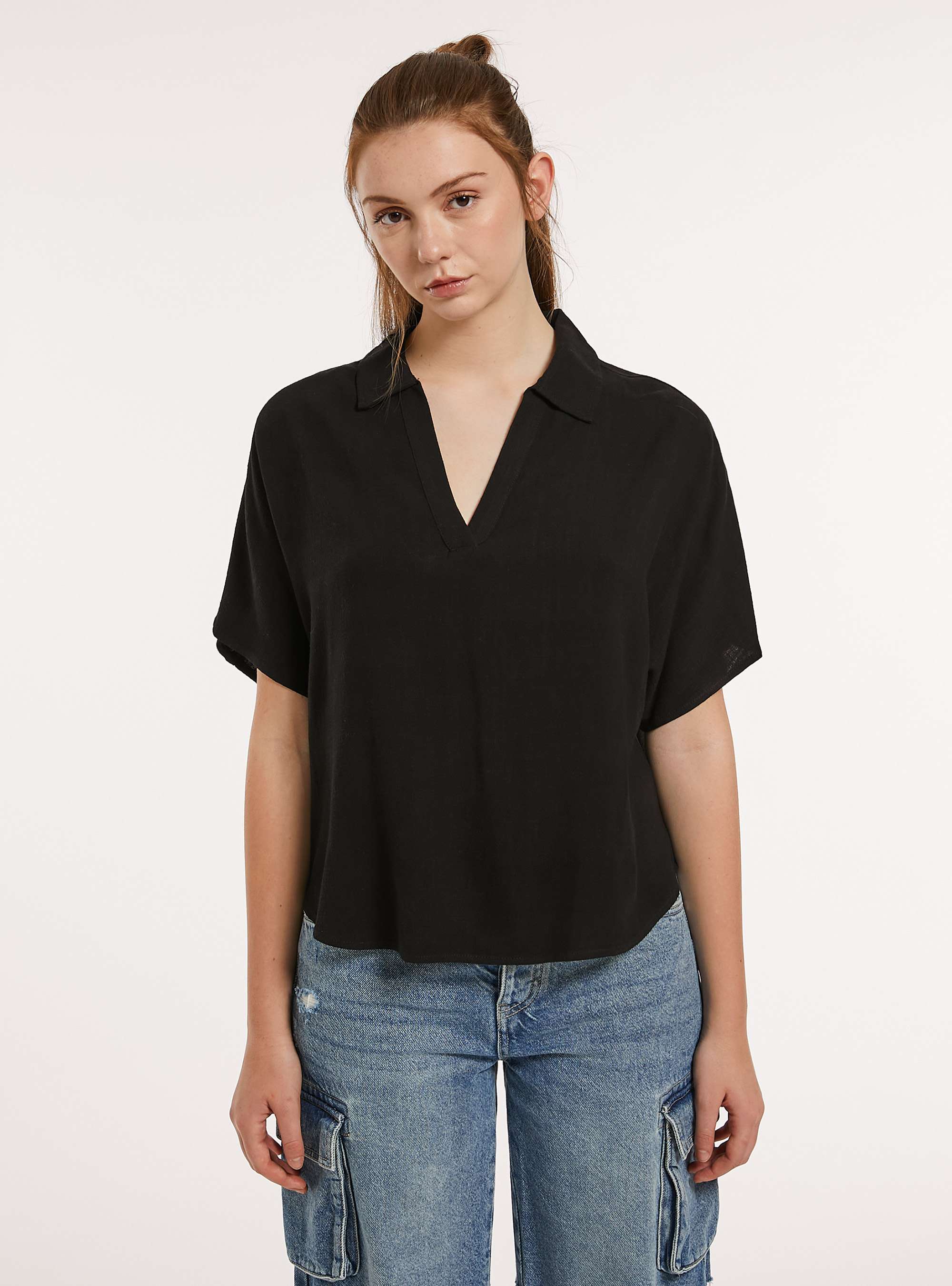 Linen-blend blouse, BK1 BLACK