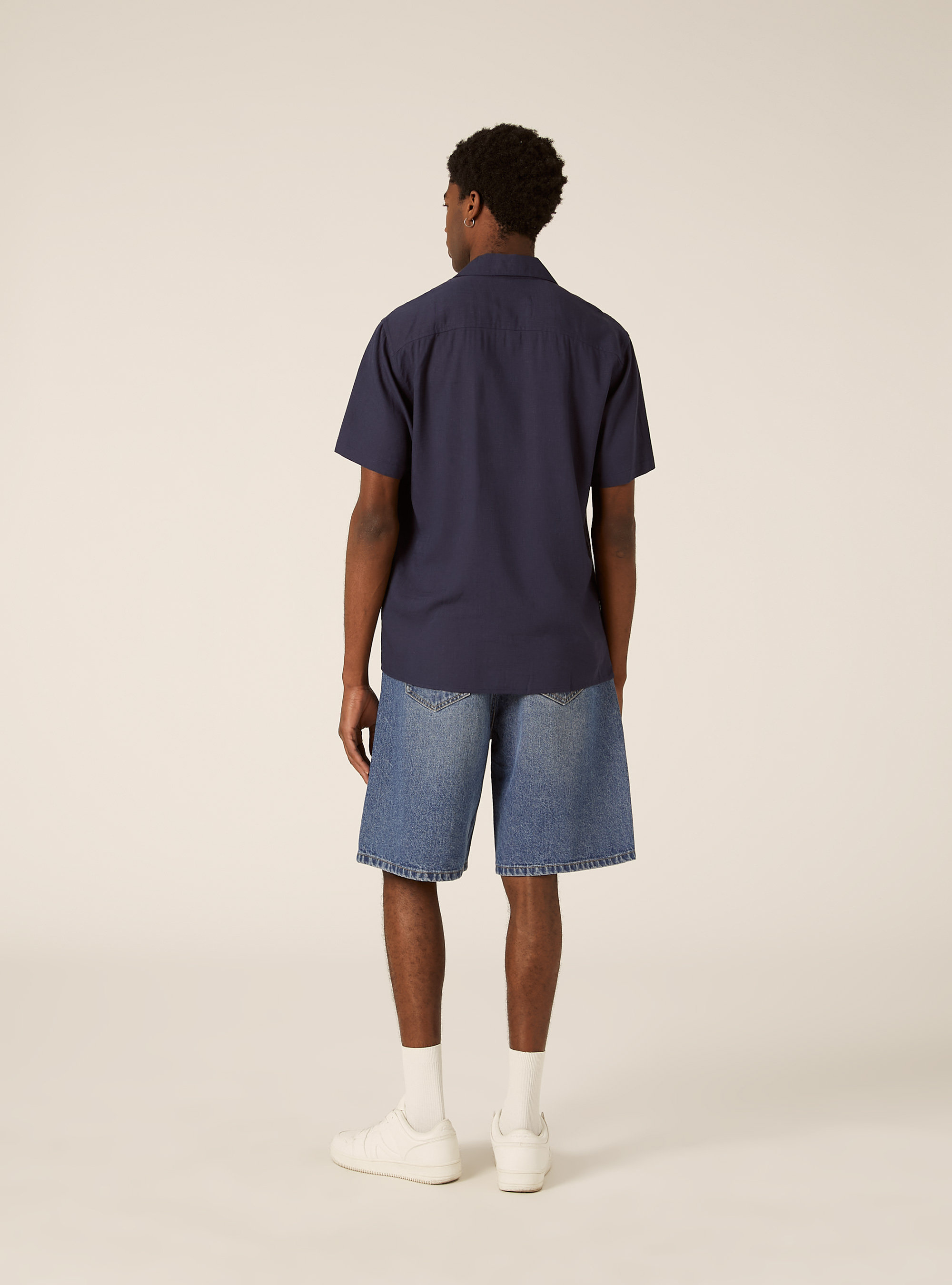 Linen blend shirt with bowling collar, BL2 BLUE MEDIUM