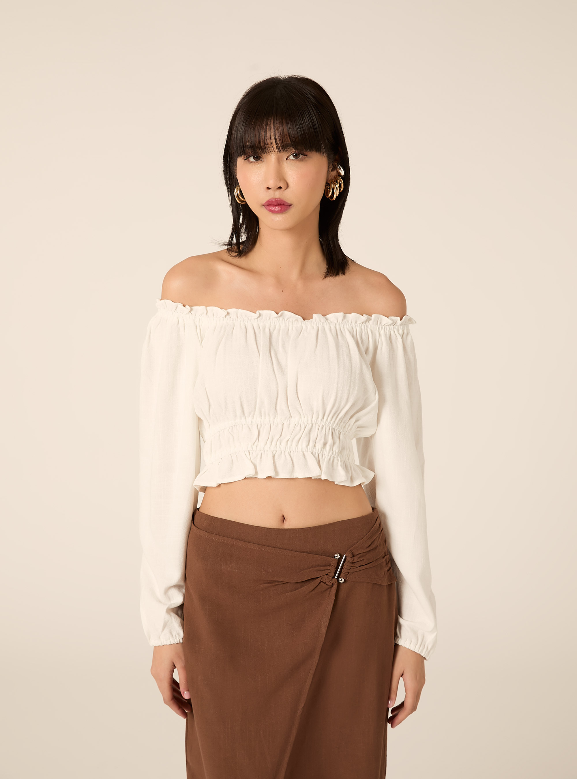 Boho-Bluse aus Leinenmischgewebe, WH2 WHITE
