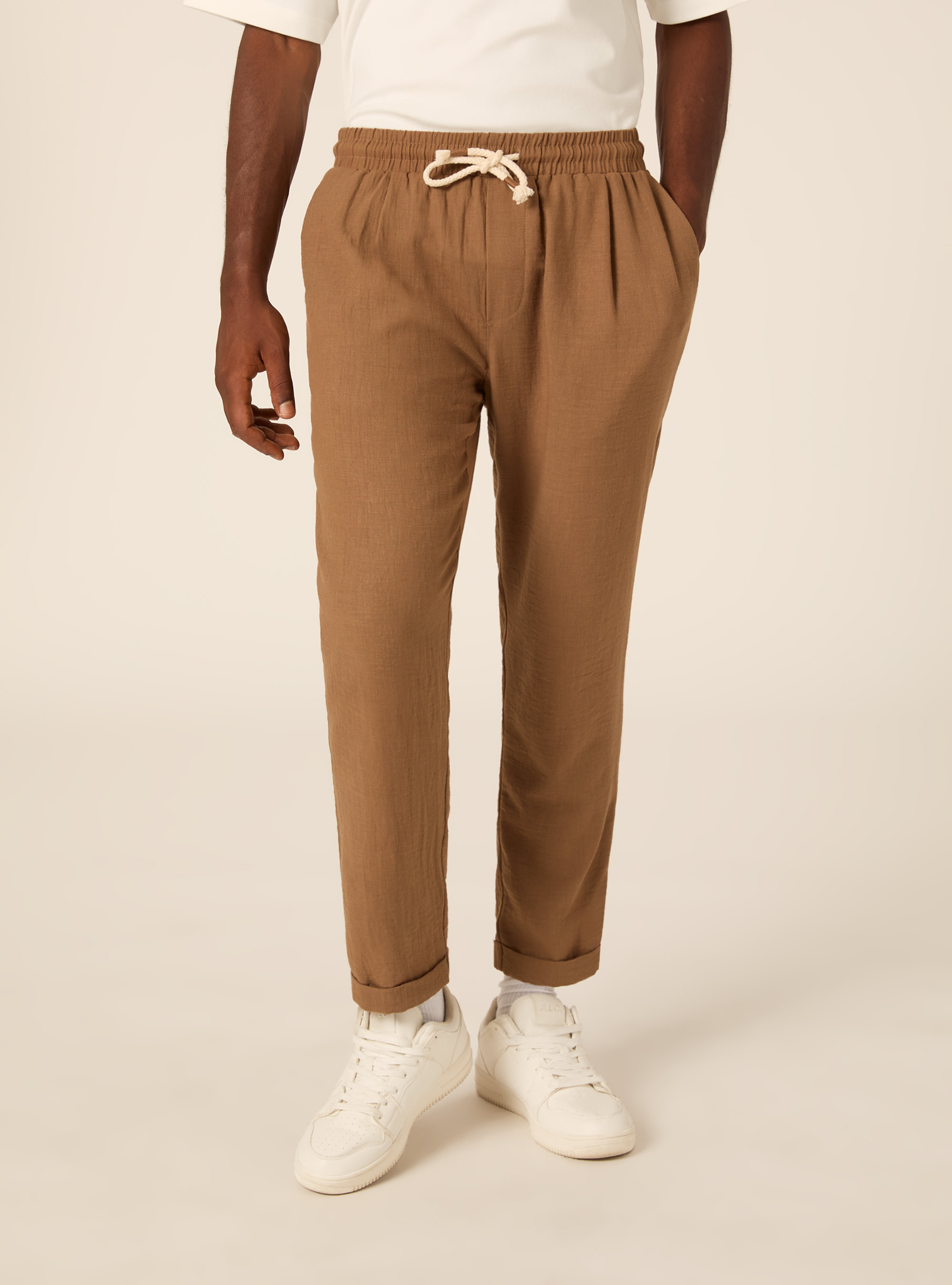 Comfort Fit Pleated Trousers with Drawstring, BR2 BROWN MEDIUM