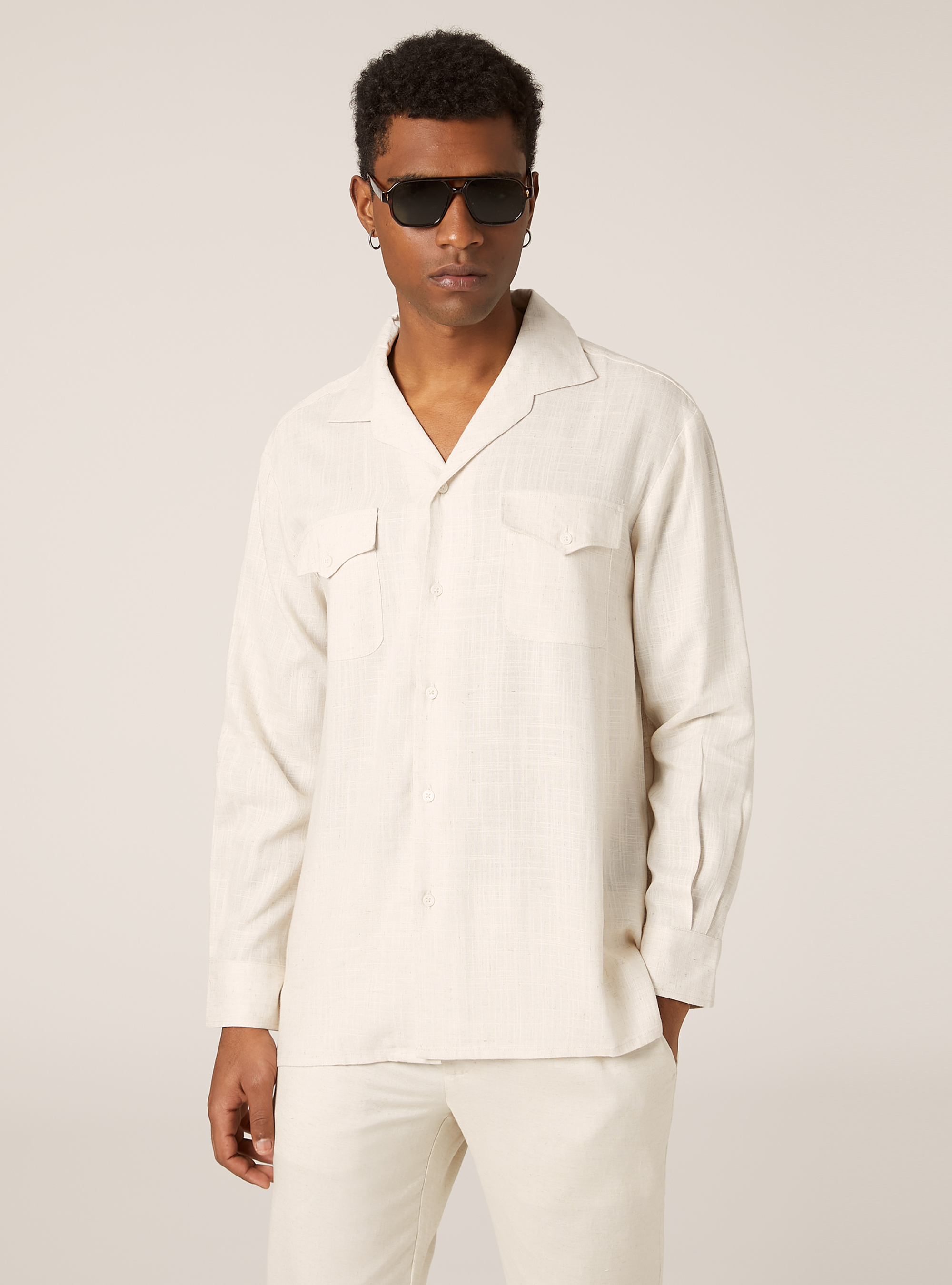 Camicia in misto lino con taschini, BEIGE CHIARO MELANGE