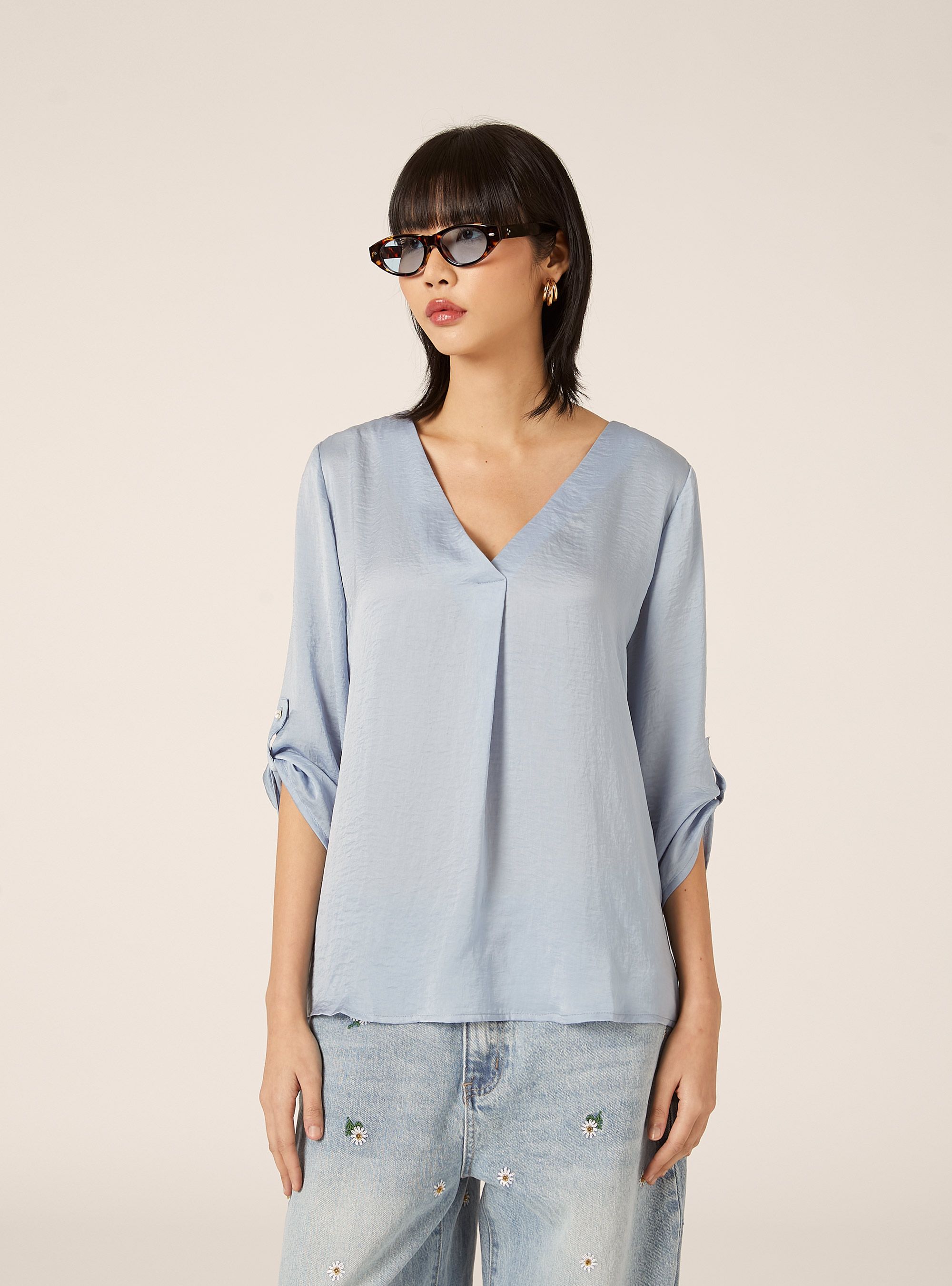 Blouse &agrave; encolure unie, AZ3 AZURE LIGHT