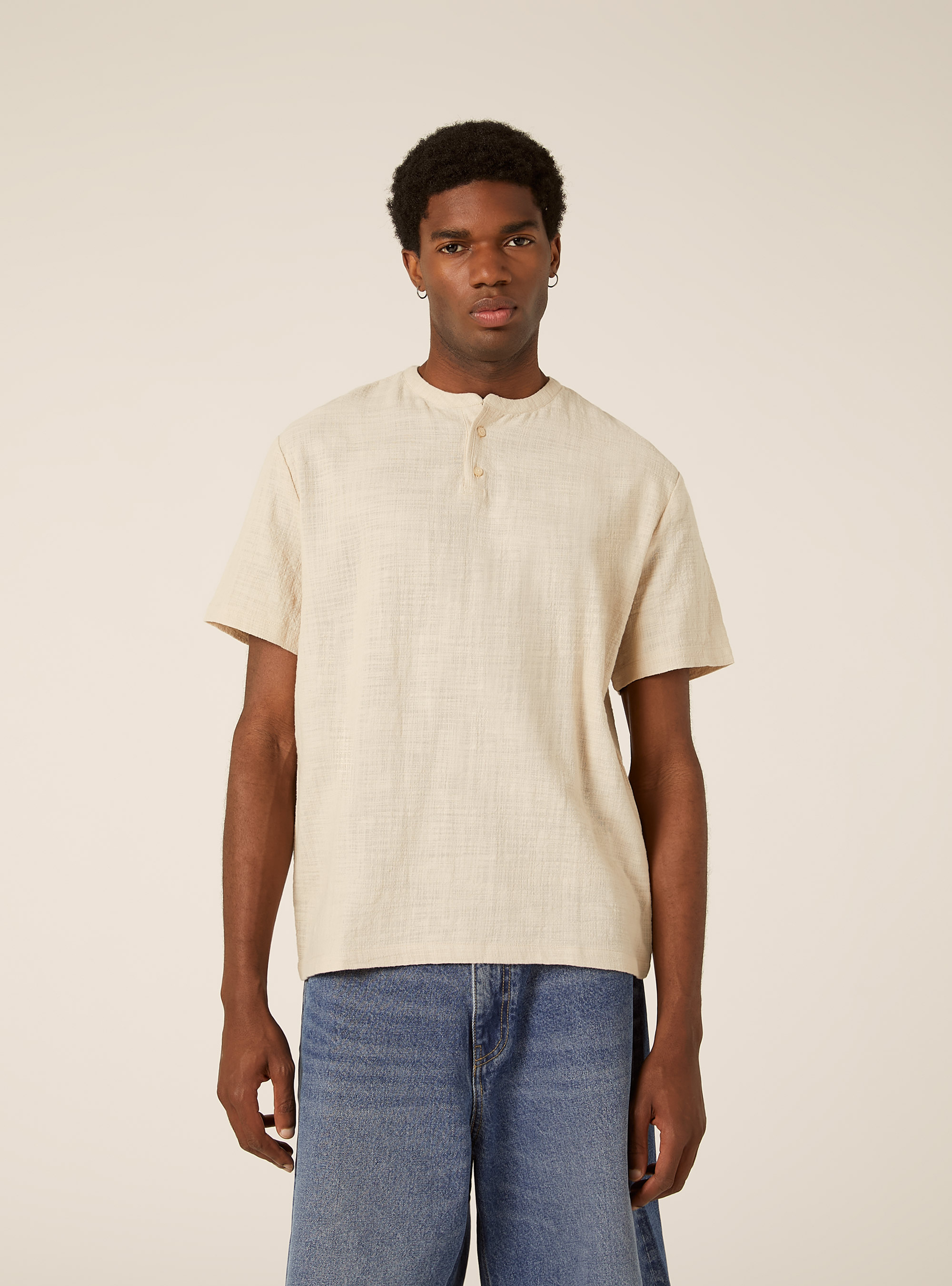 Short Sleeve Henley Shirt, BG3 BEIGE LIGHT