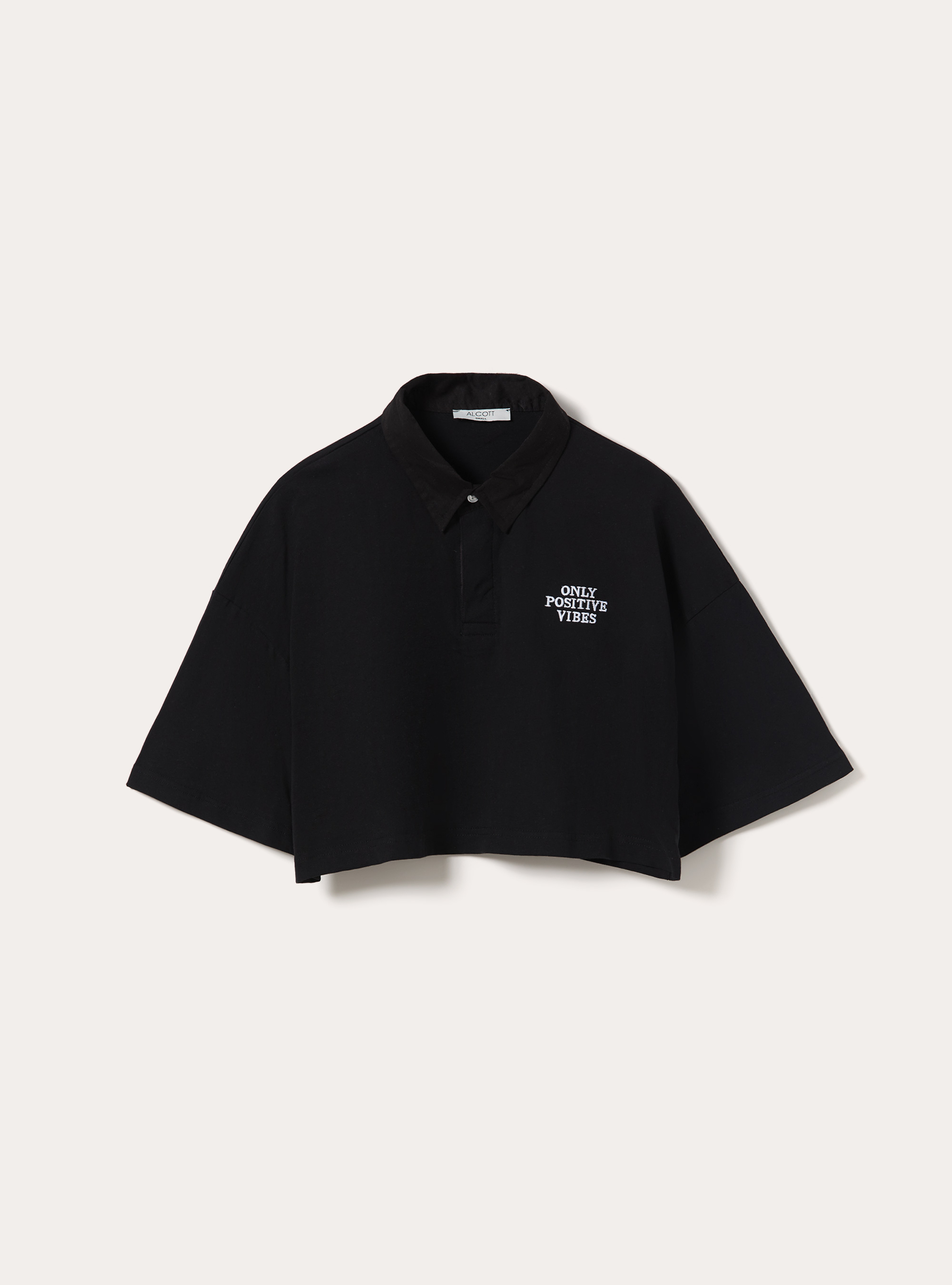 Oversized Cropped Polo Shirt with Embroidery, BK1 BLACK