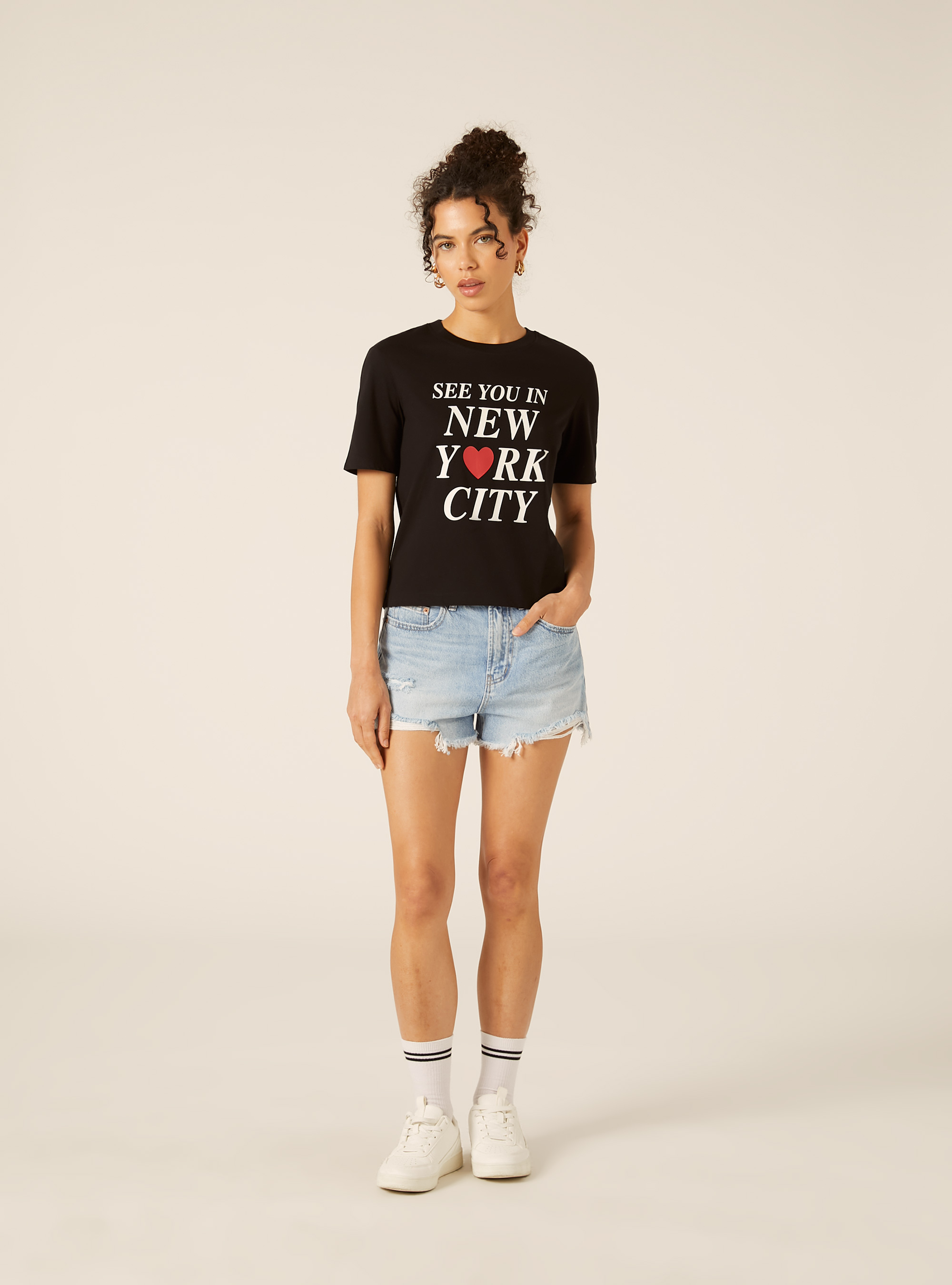 Crop-T-Shirt mit New York-Print, BK1 BLACK