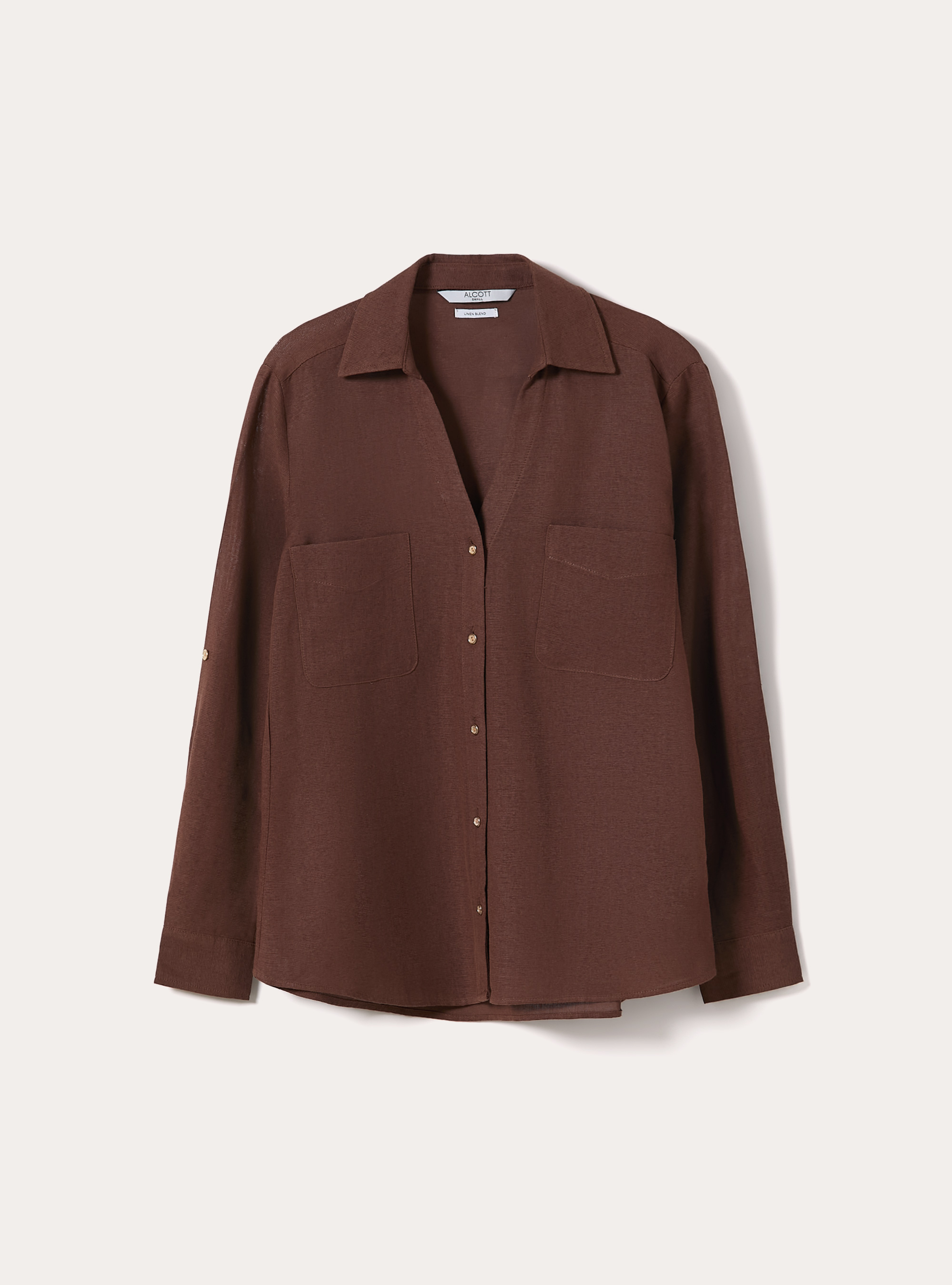 Camicia in misto lino con scollo a V, MARRONE MEDIO