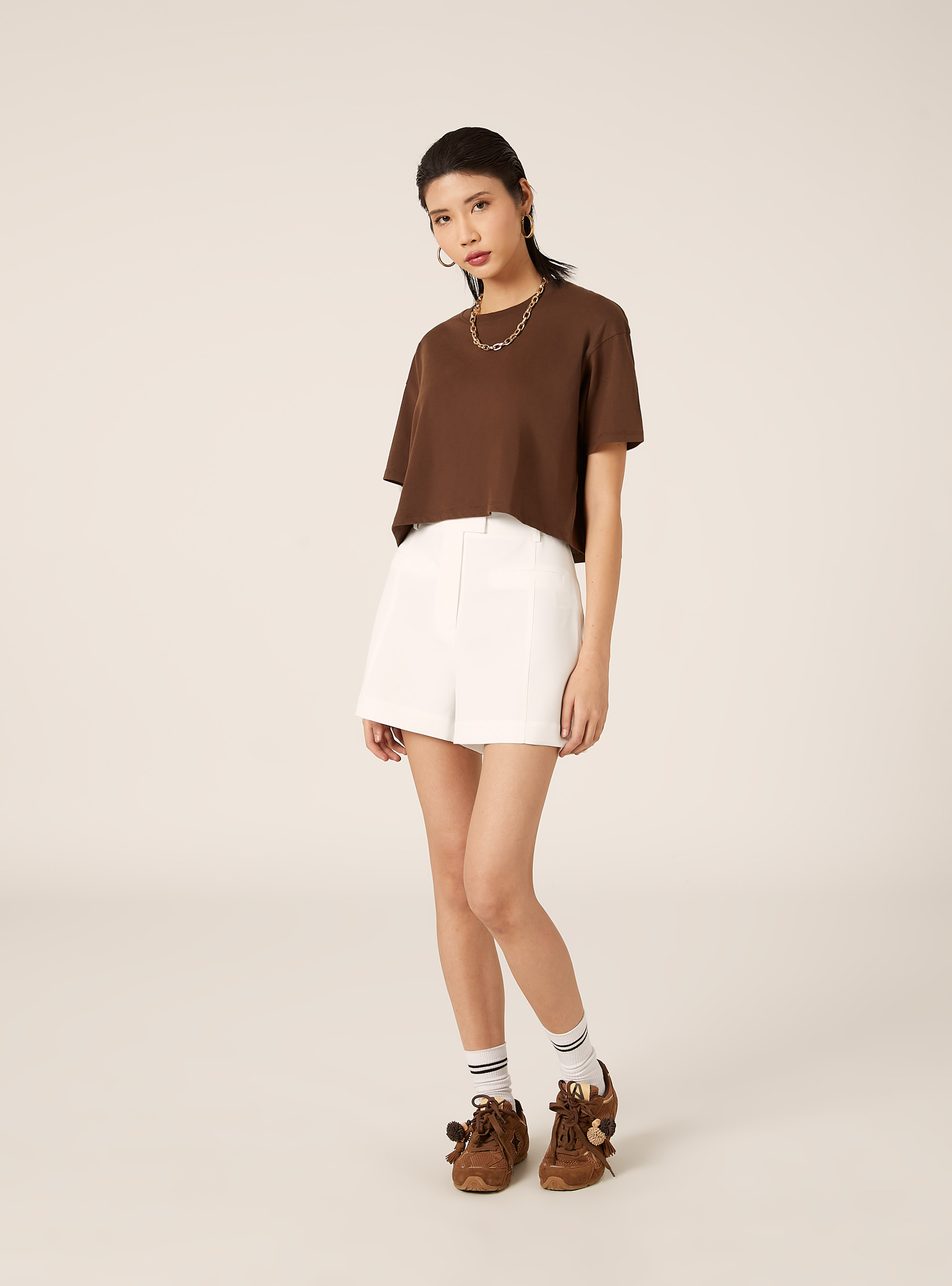 Basic Crew Neck Cropped T-Shirt, BR2 BROWN MEDIUM