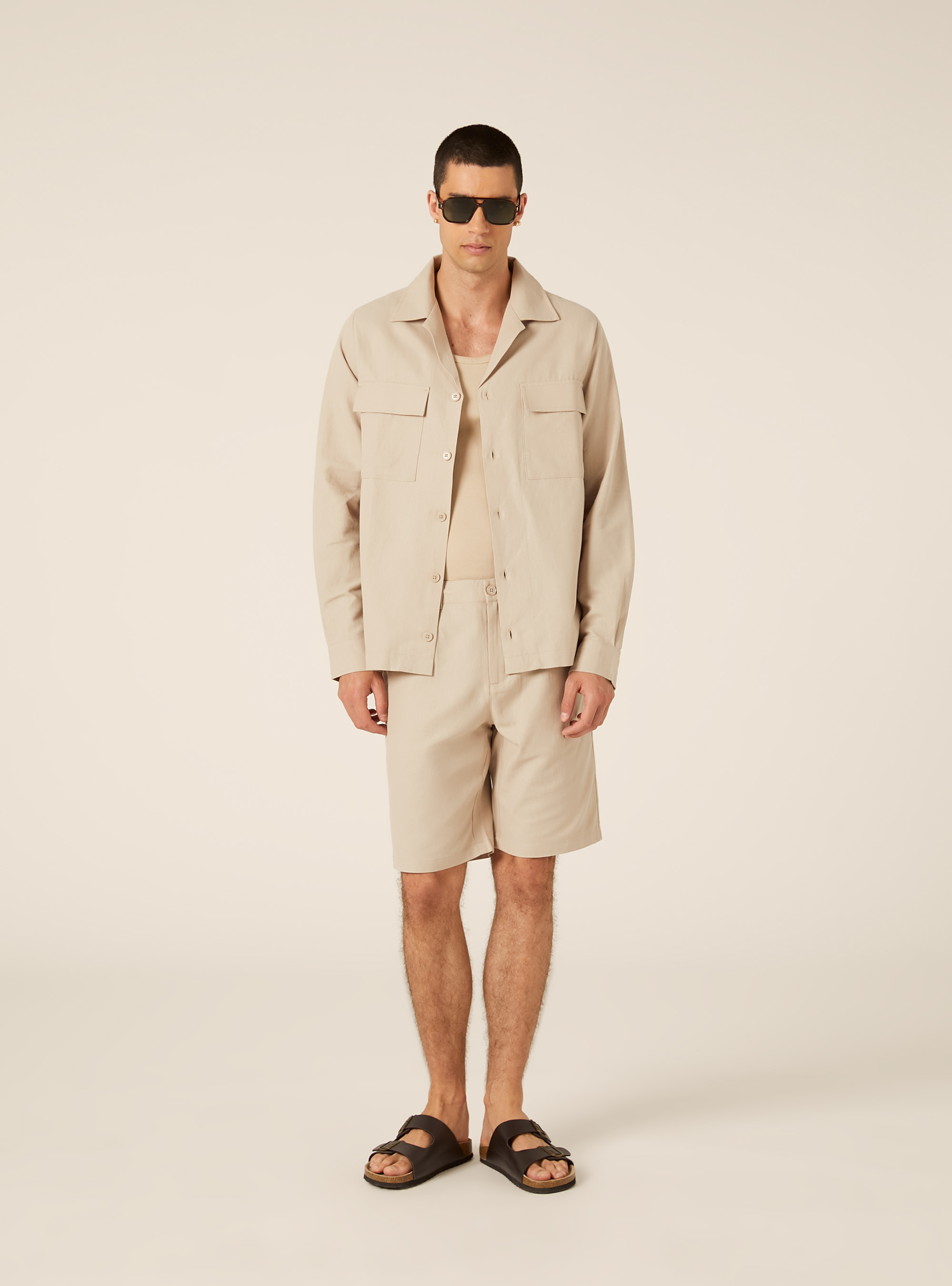 Linen Blend Utility Shirt with Flap Pockets, BG2 BEIGE MEDIUM