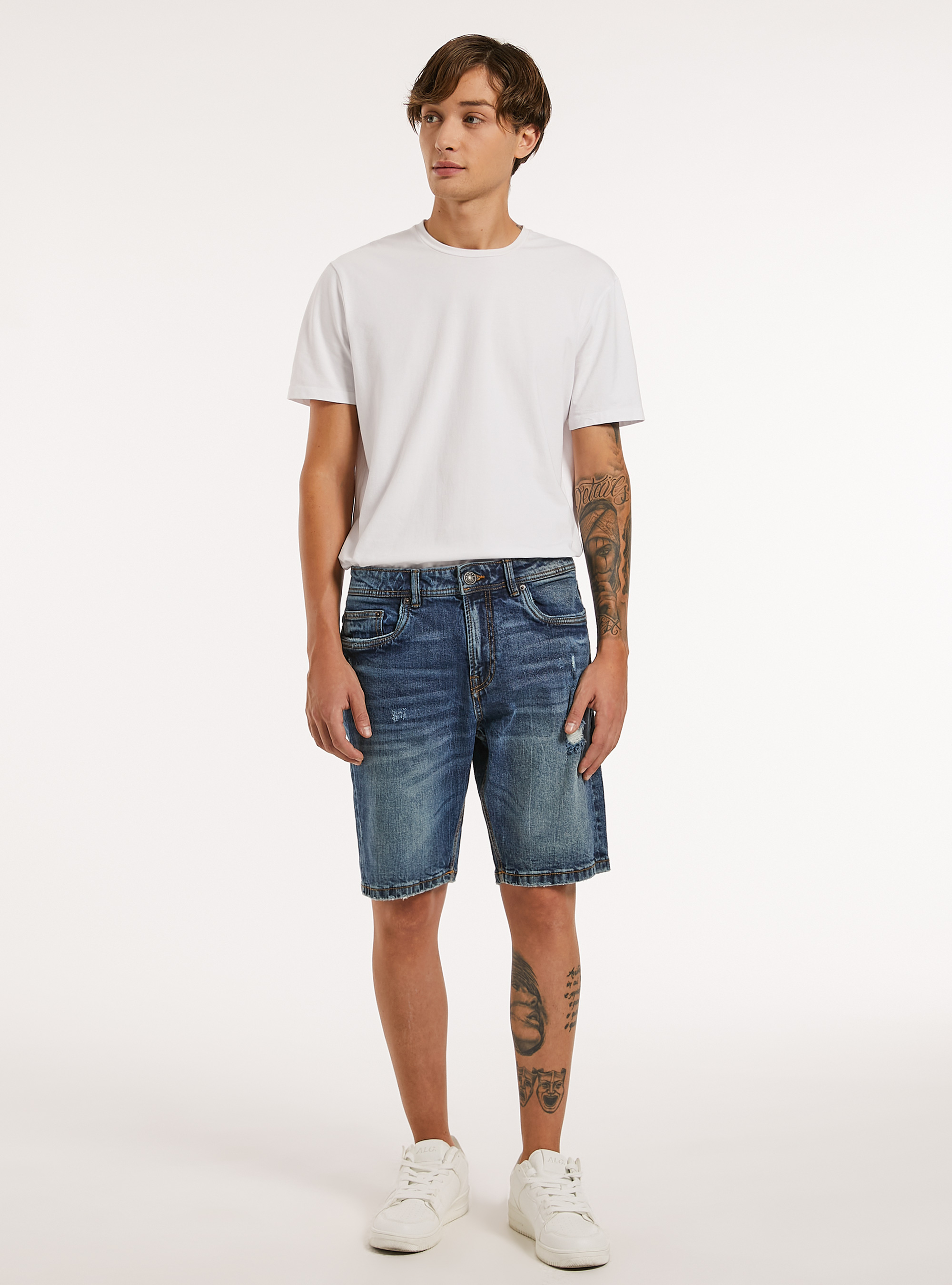 Slim Fit Stretch Denim Bermudas mit Rissen, D001 DEEP BLUE