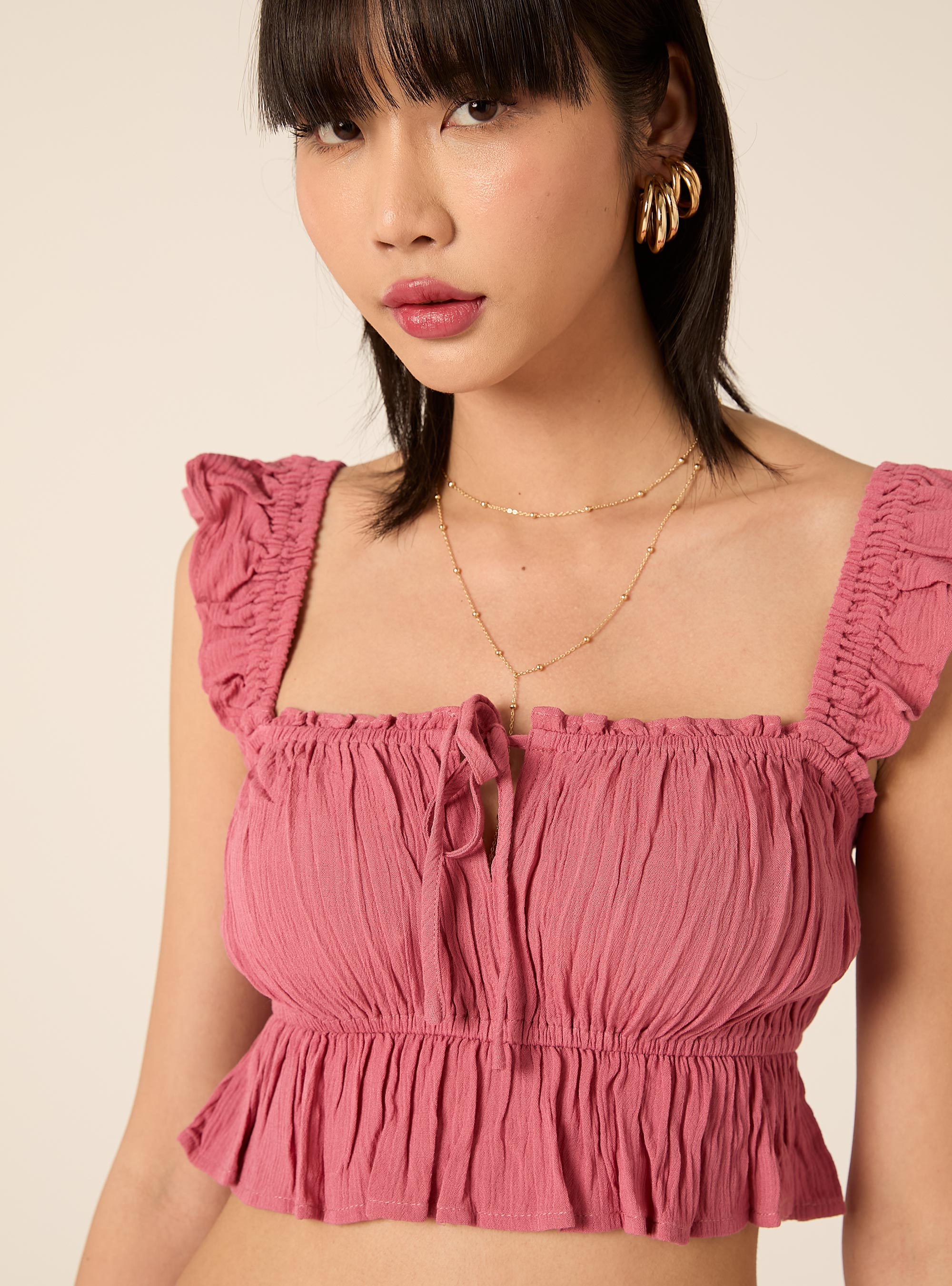 Top aus Crepe mit R&uuml;schen, PK1 PINK DARK