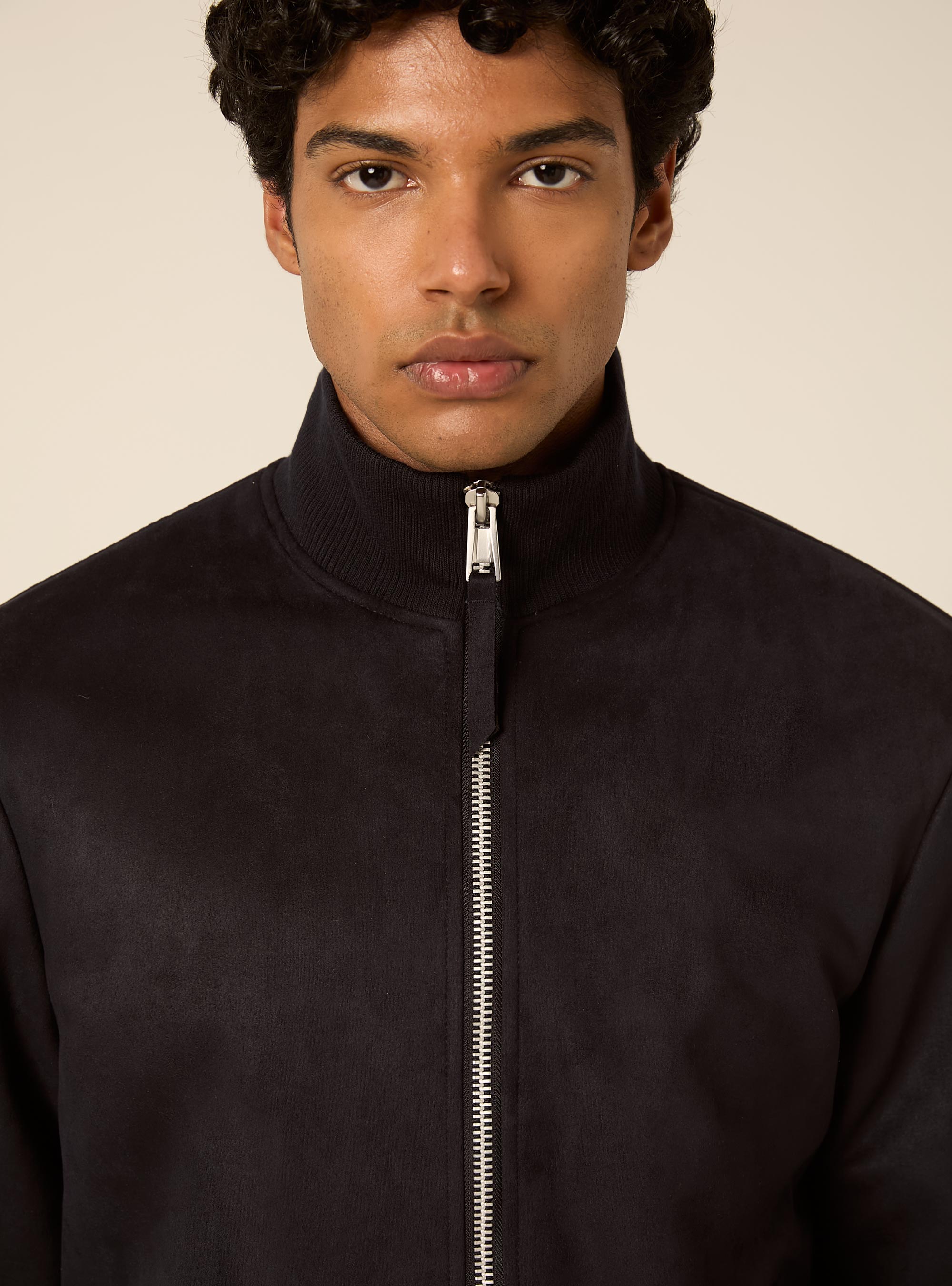 Faux suede high neck zip jacket, NA1 NAVY DARK