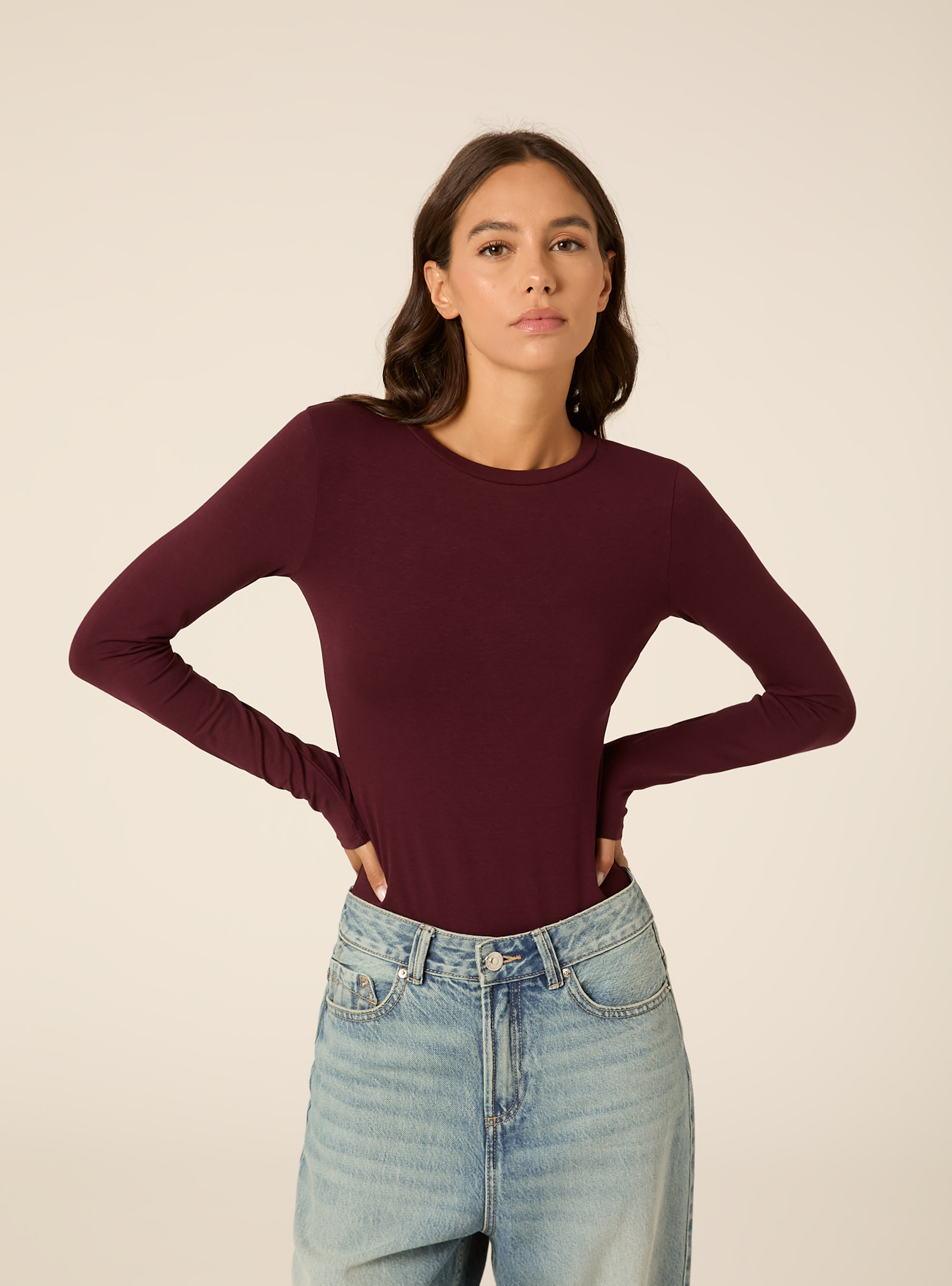 Long Sleeve Crew Neck Body, BO1 BORDEAUX DARK