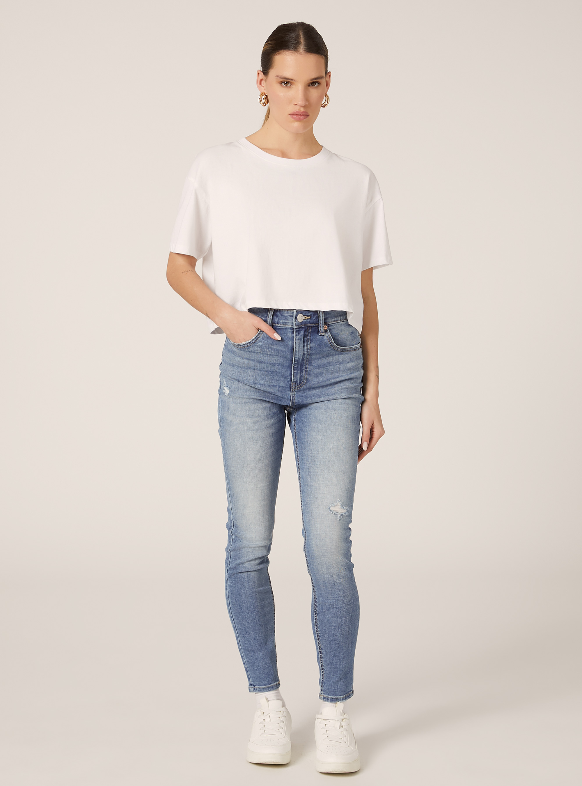 Jeans skinny taille tr&egrave;s haute, D004 MEDIUM LIGHT BLUE