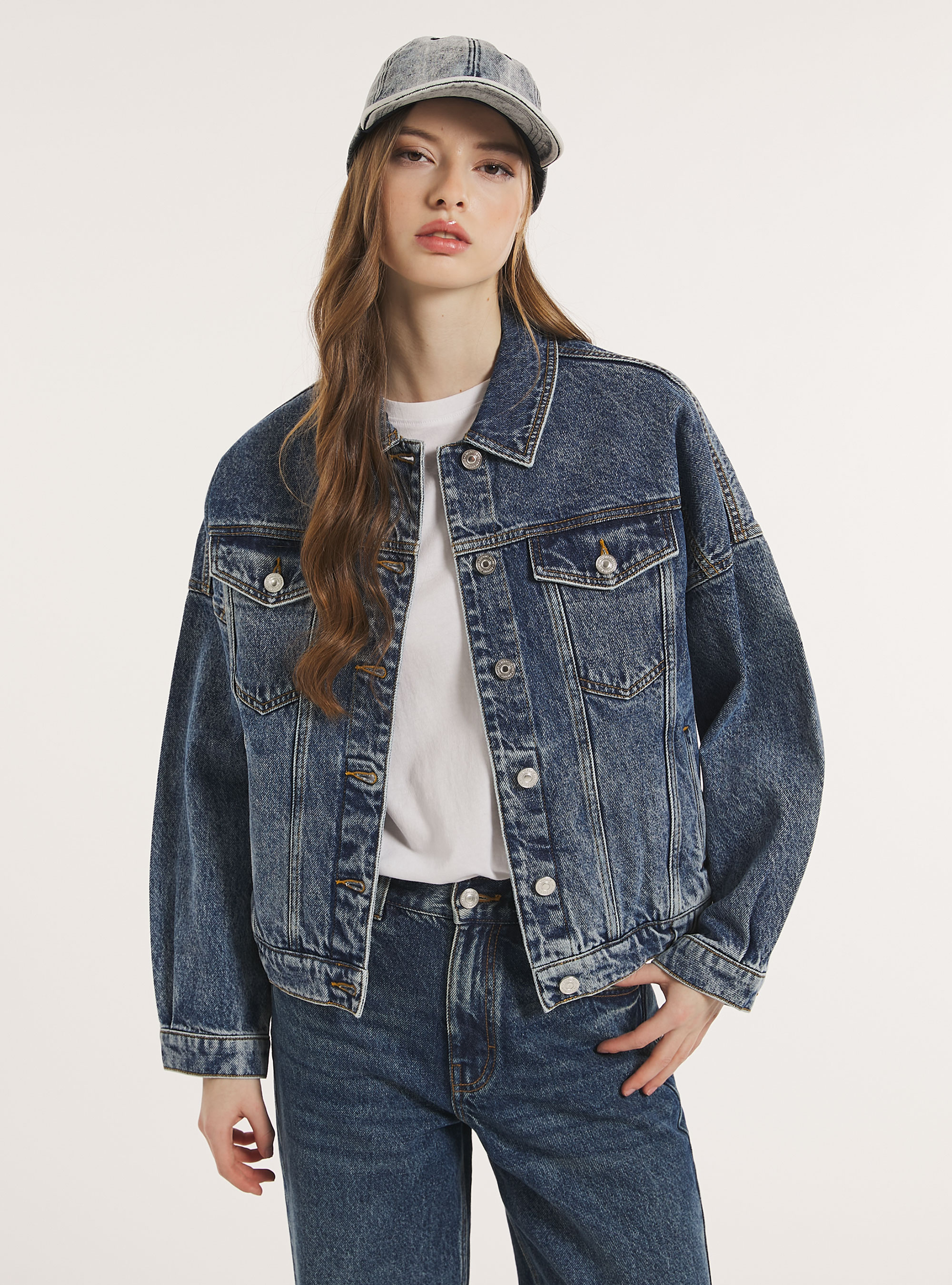 Denim jacket with elasticated waist, D003 MEDIUM BLUE
