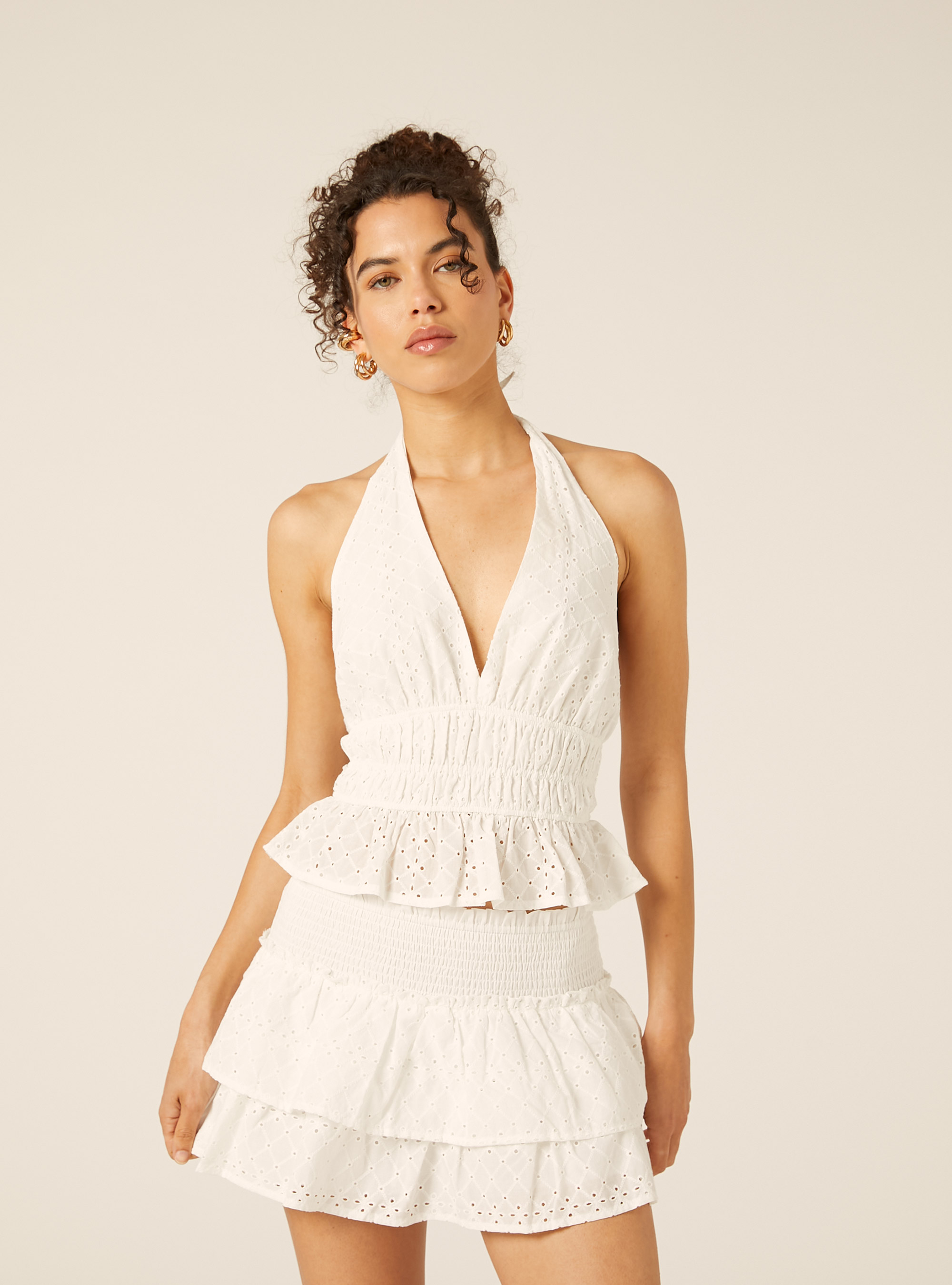 Broderie Anglaise Halter Top with Smocked Waist and Flounce, WH2 WHITE