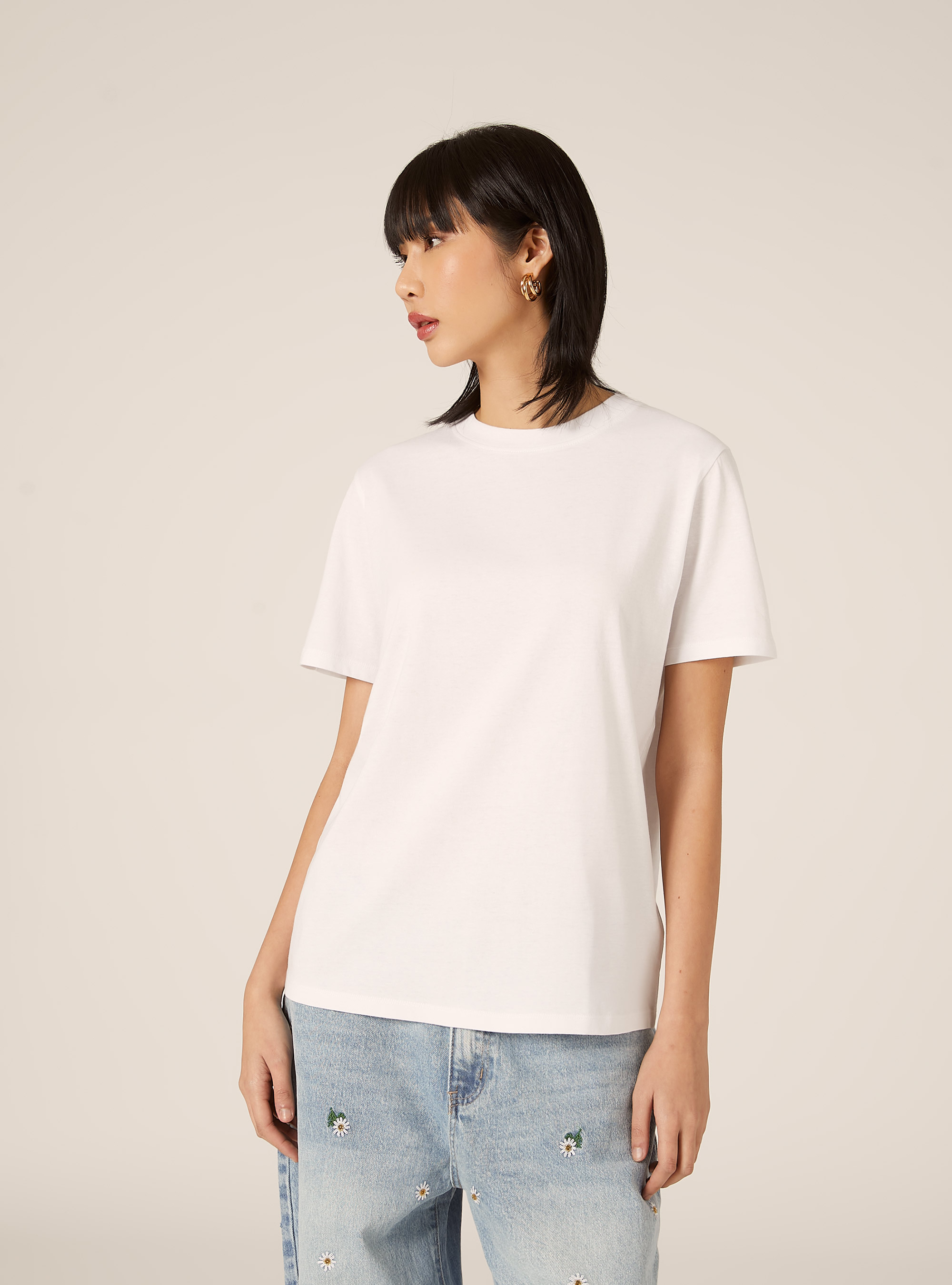Camiseta de cuello redondo de algod&oacute;n, WH3 WHITE