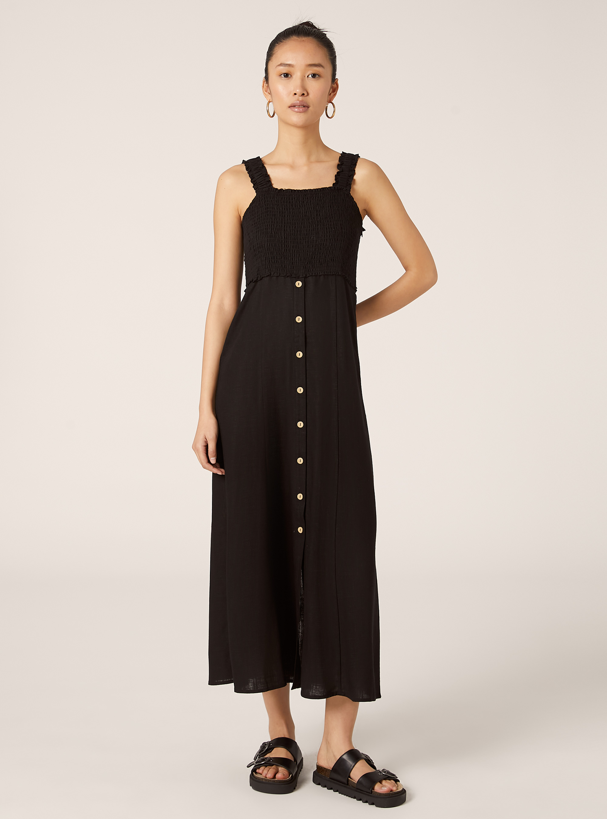 Linen blend midi dress, BK1 BLACK
