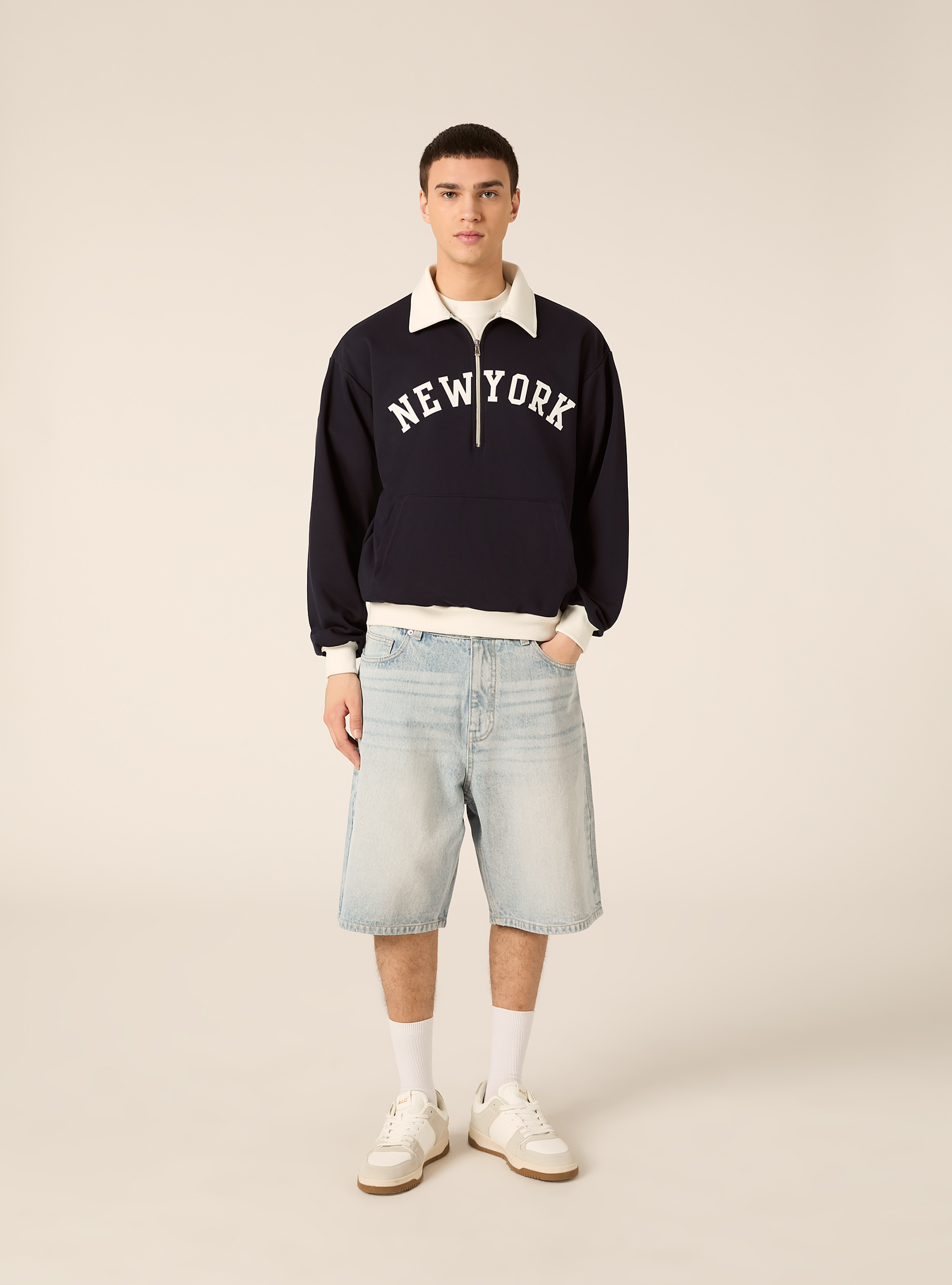 Felpa Boxy con Mezza Zip e Ricamo New York, NAVY MEDIO