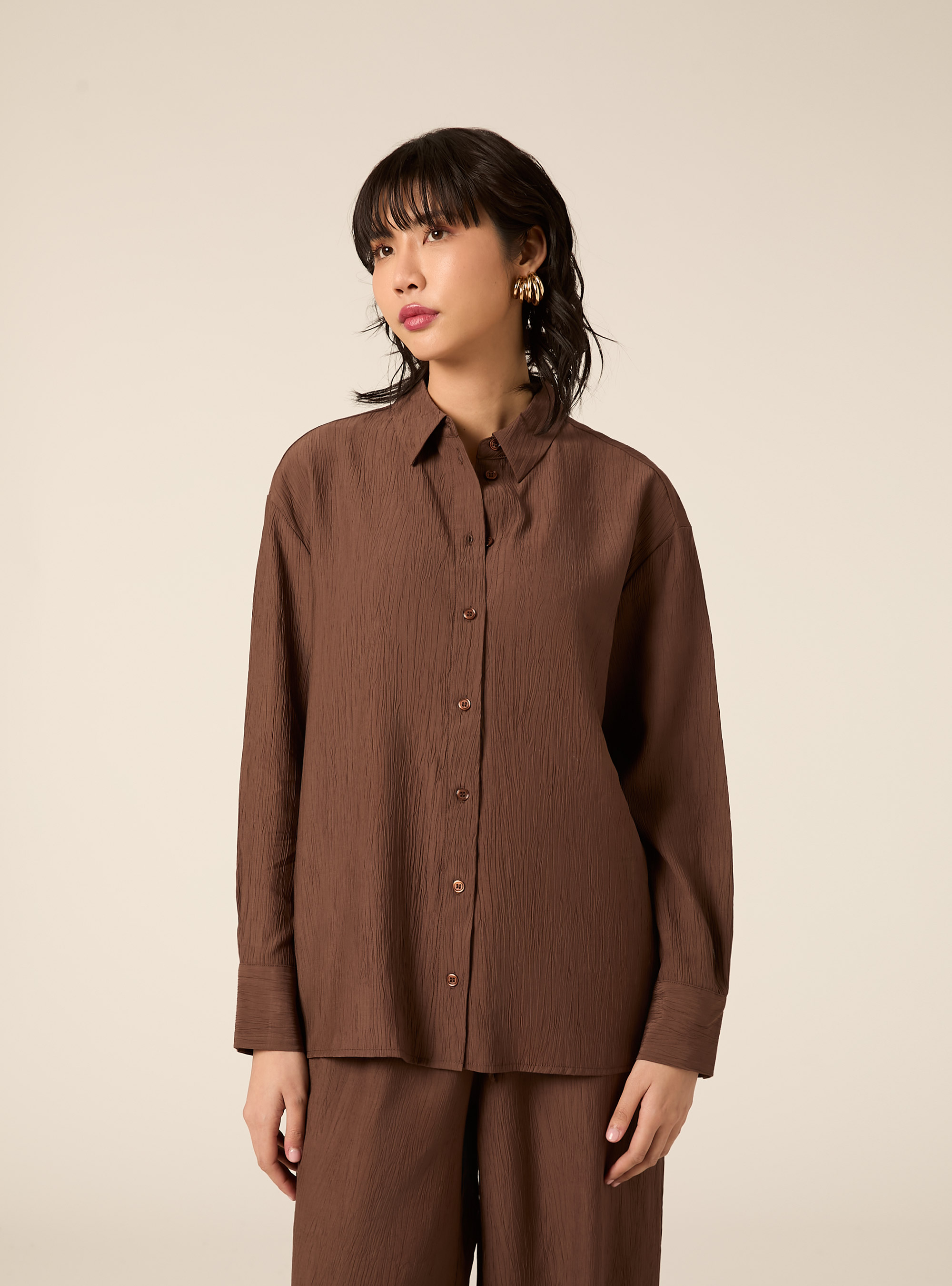 Camicia in crepe con lacci sul dietro, MARRONE MEDIO