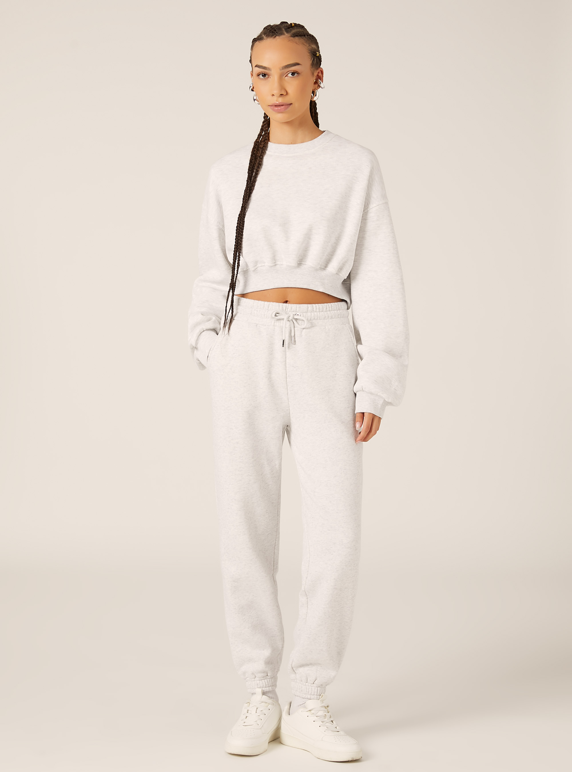 Sweat-shirt &agrave; col rond en coton court, MGY3 GREY MEL LIGHT