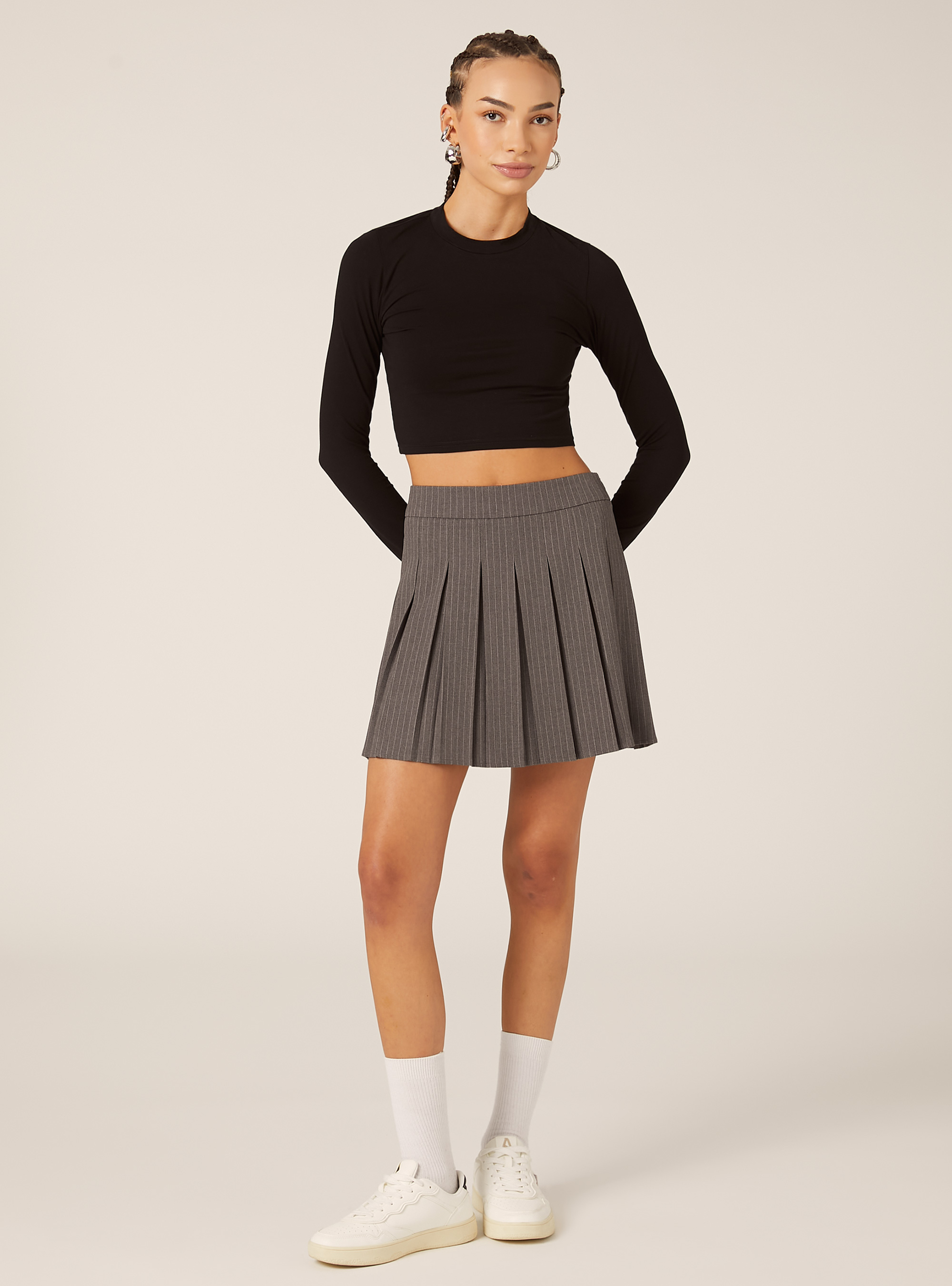 Mini-jupe pliss&eacute;e &agrave; motifs, MGY1 GREY MEL DARK