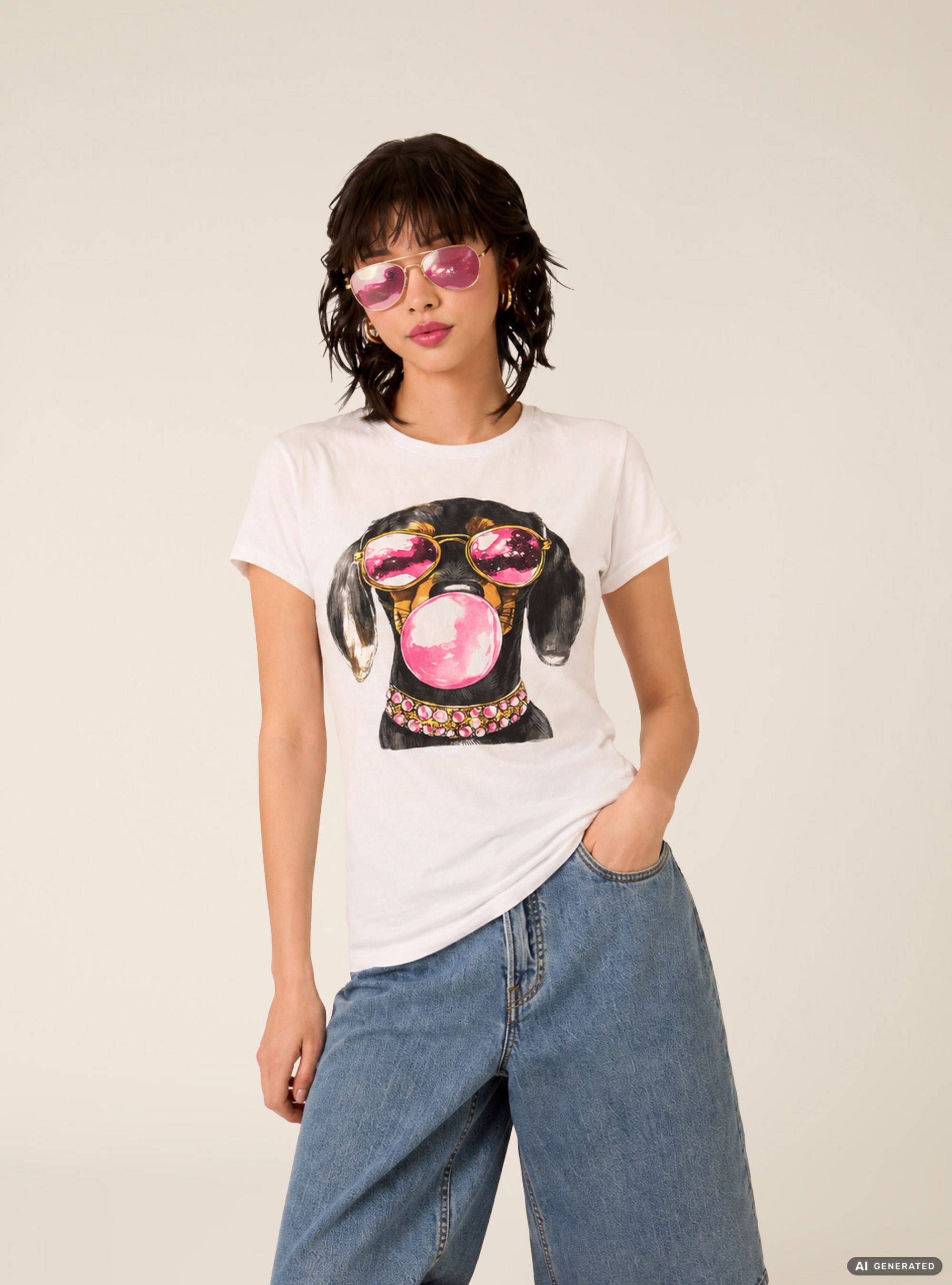 T-shirt regular con stampa cane, WH3 WHITE