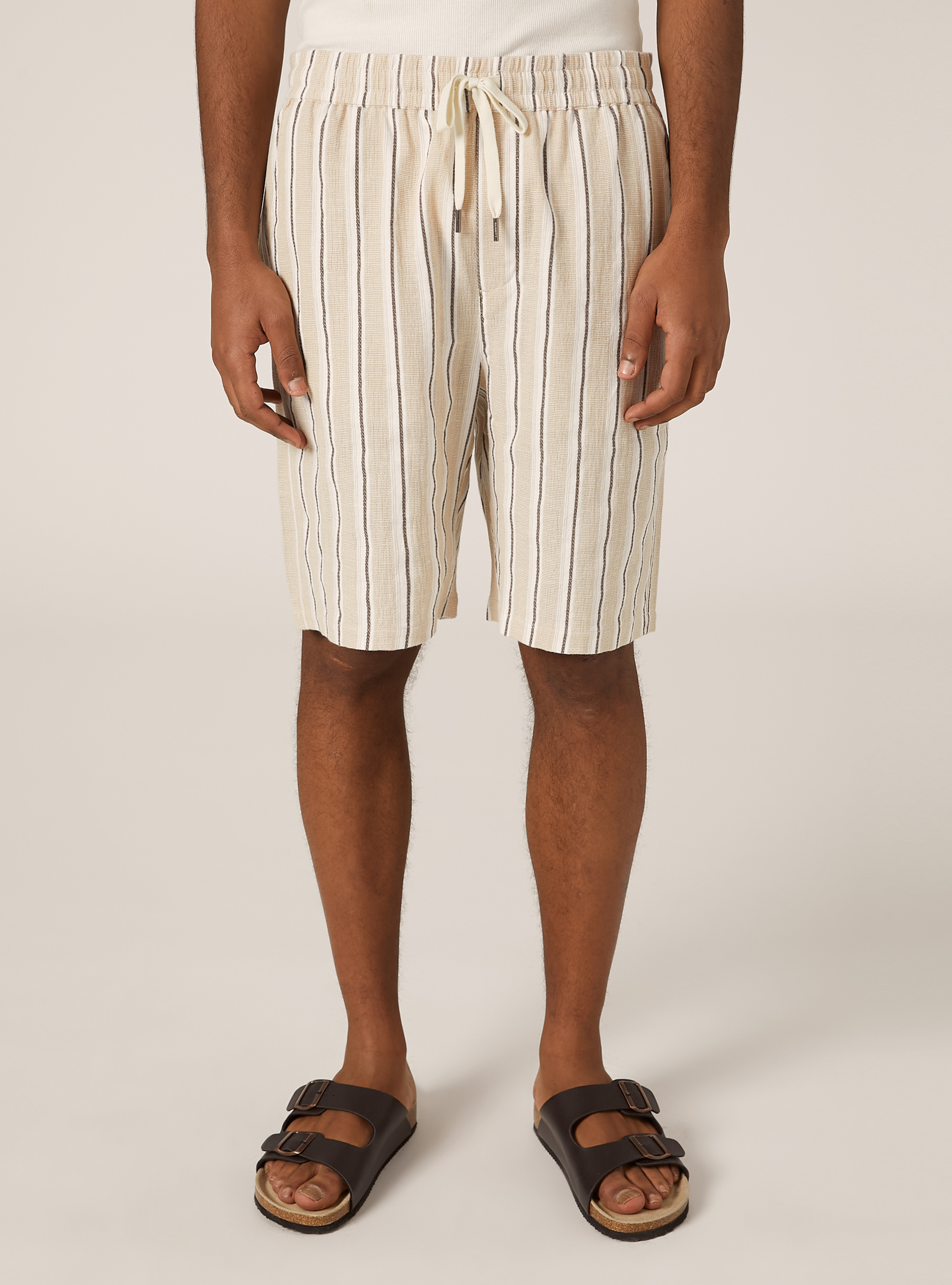 Bermuda rigato in misto lino, BEIGE MEDIO