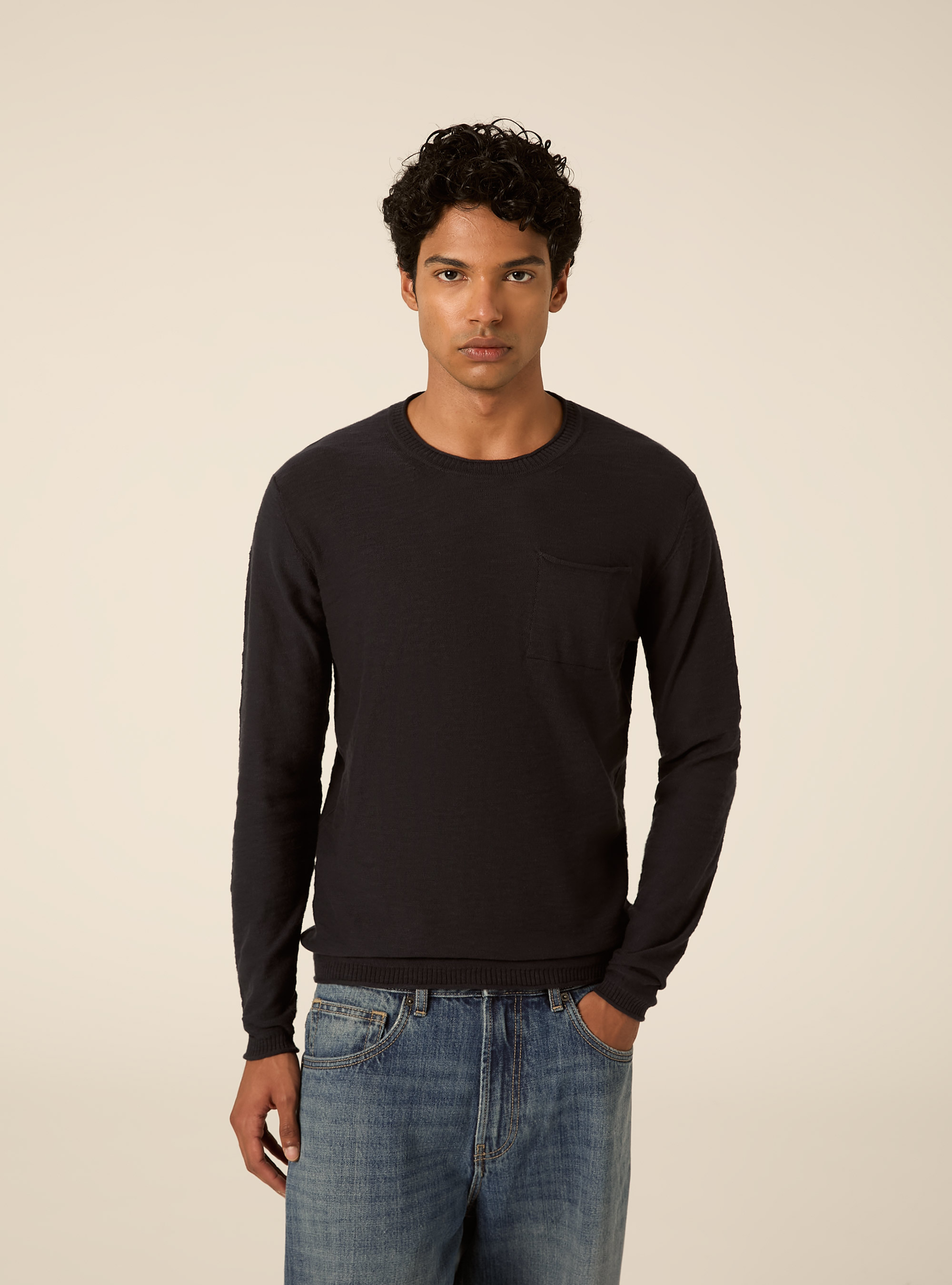 Jersey ligero de cuello redondo con bolsillo, NA2 NAVY MEDIUM