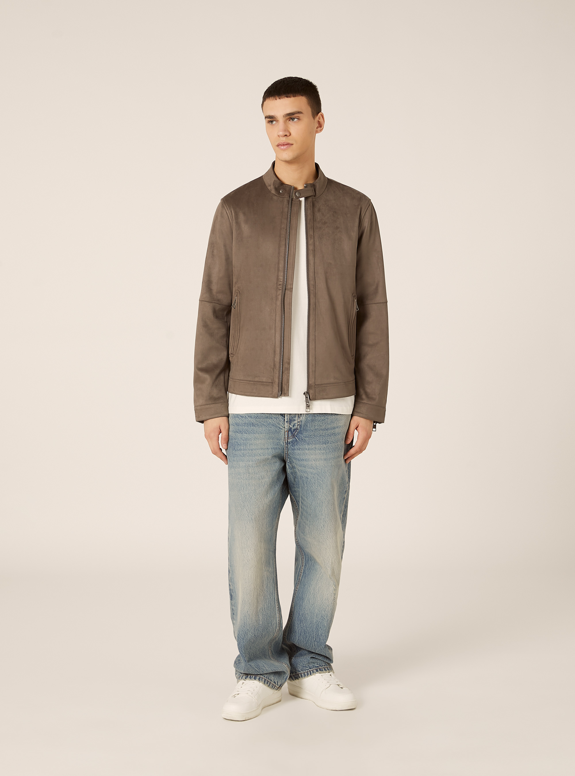Suede-effect biker jacket, GY1 GREY DARK