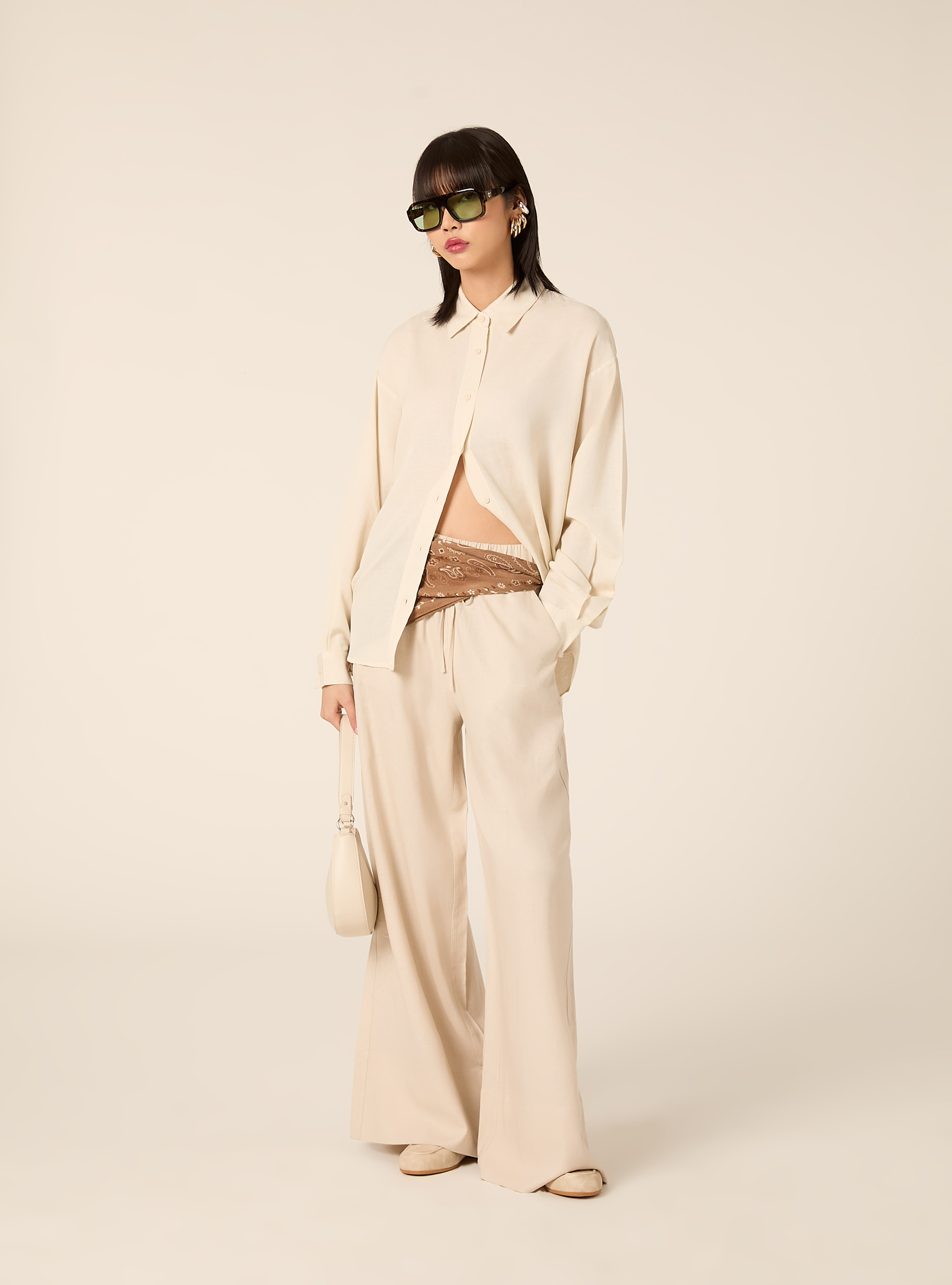 Camicia in misto lino, CREMA MEDIO