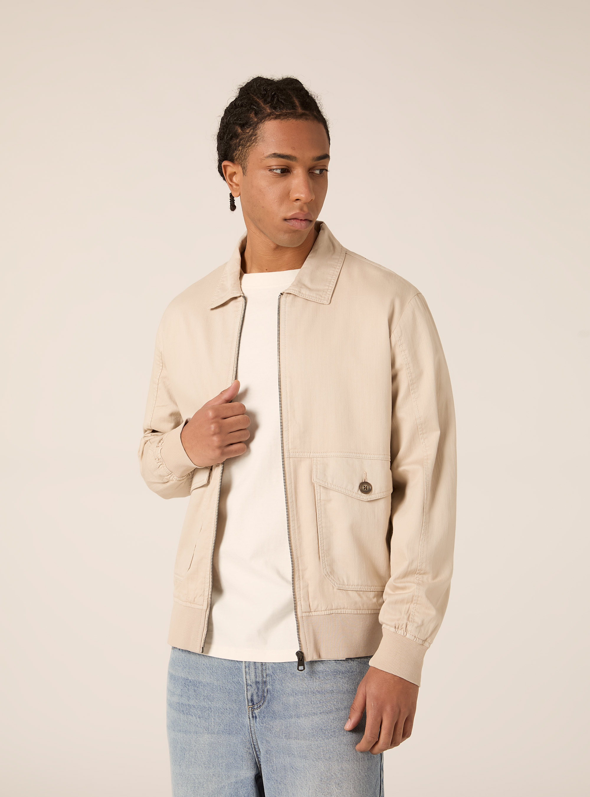 Linen Blend Bomber Jacket with Utility Pockets, SA3 SAND LIGHT