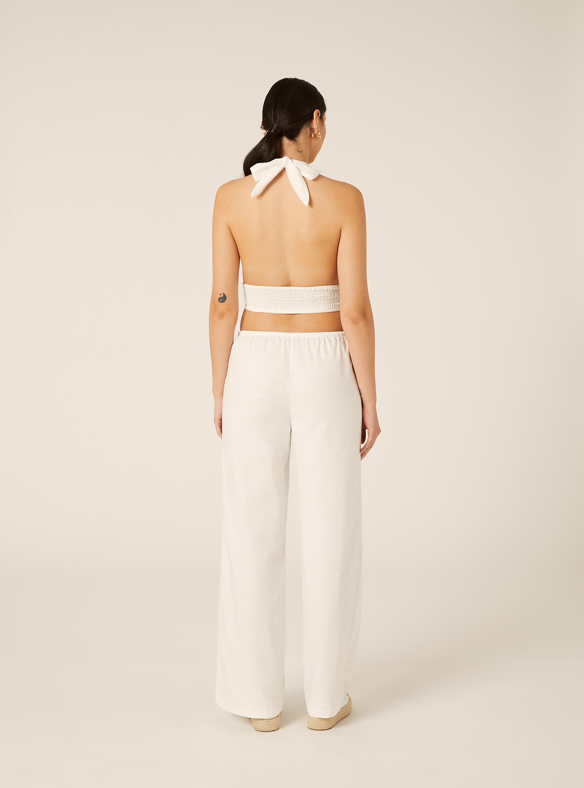Linen Blend Halter Crop Top with Embroidered Hem, WH2 WHITE