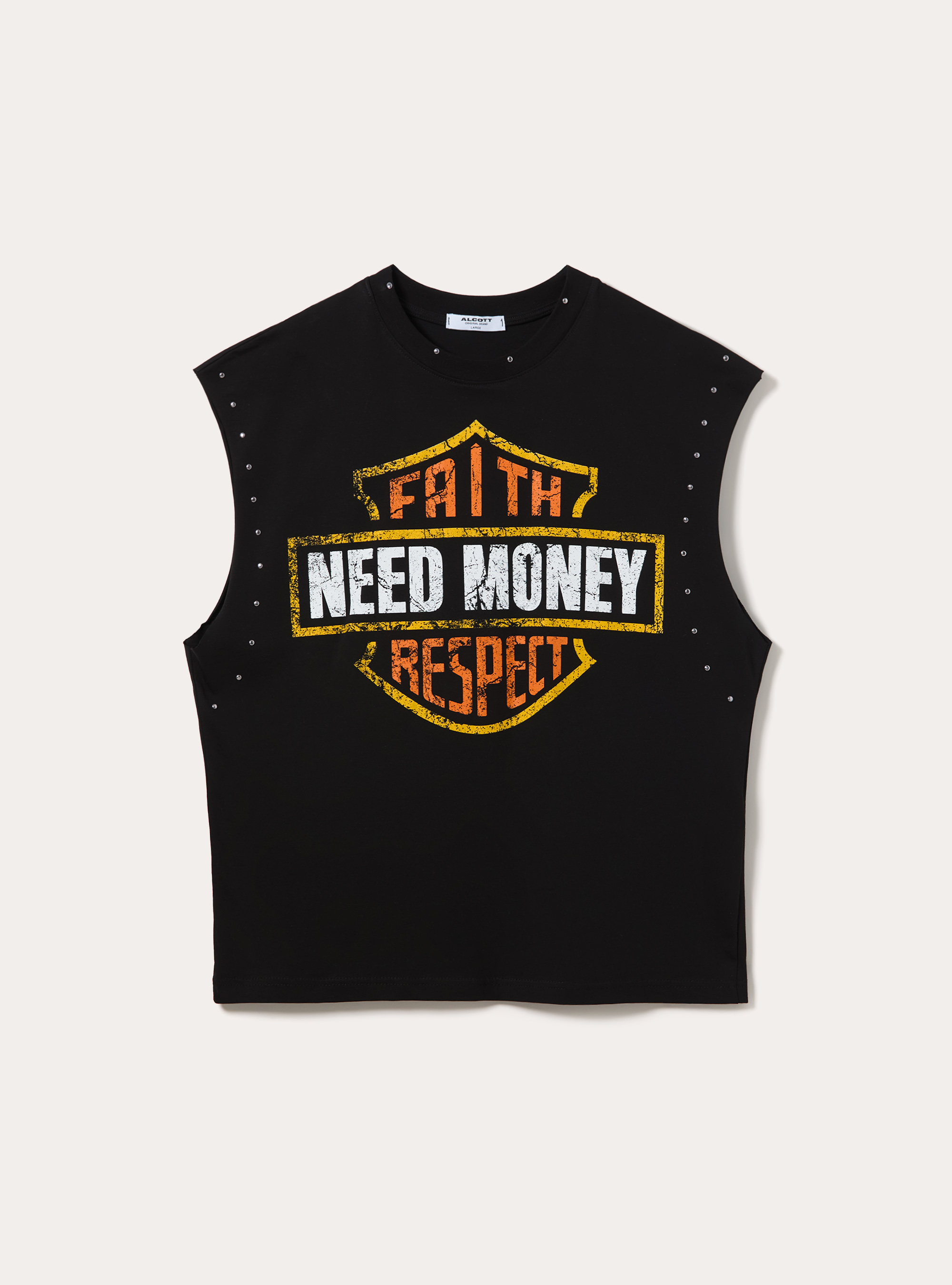Oversized Sleeveless T-Shirt with Biker Graphic and Studs, BK1 BLACK