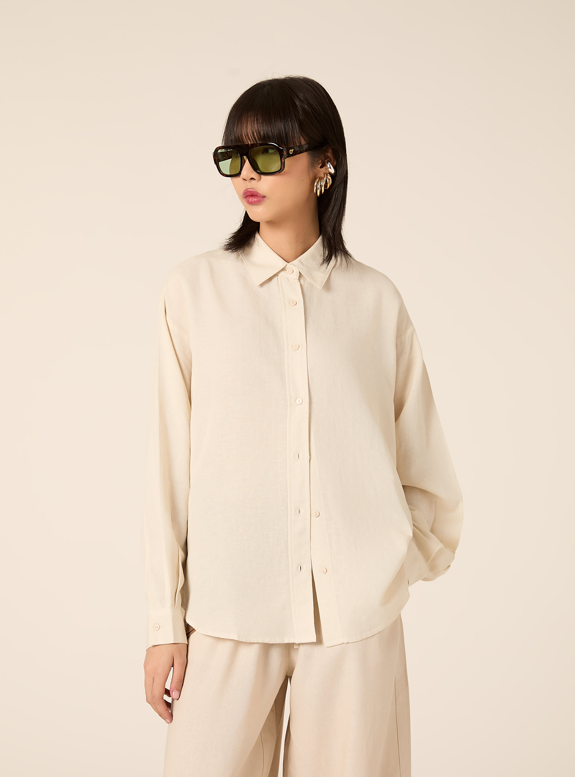 Camicia in misto lino, CREMA MEDIO