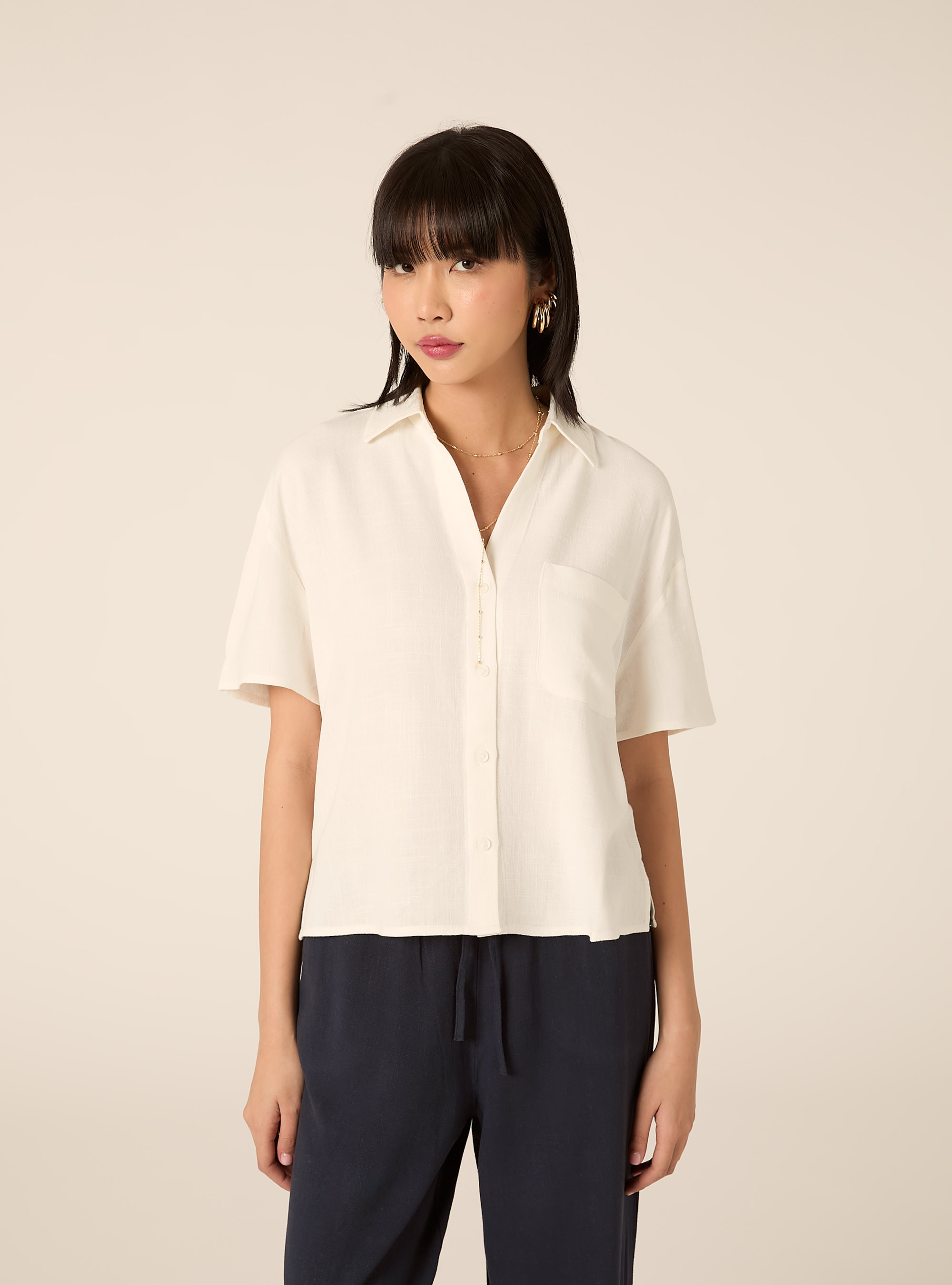 Camicia cropped in misto lino, PANNA