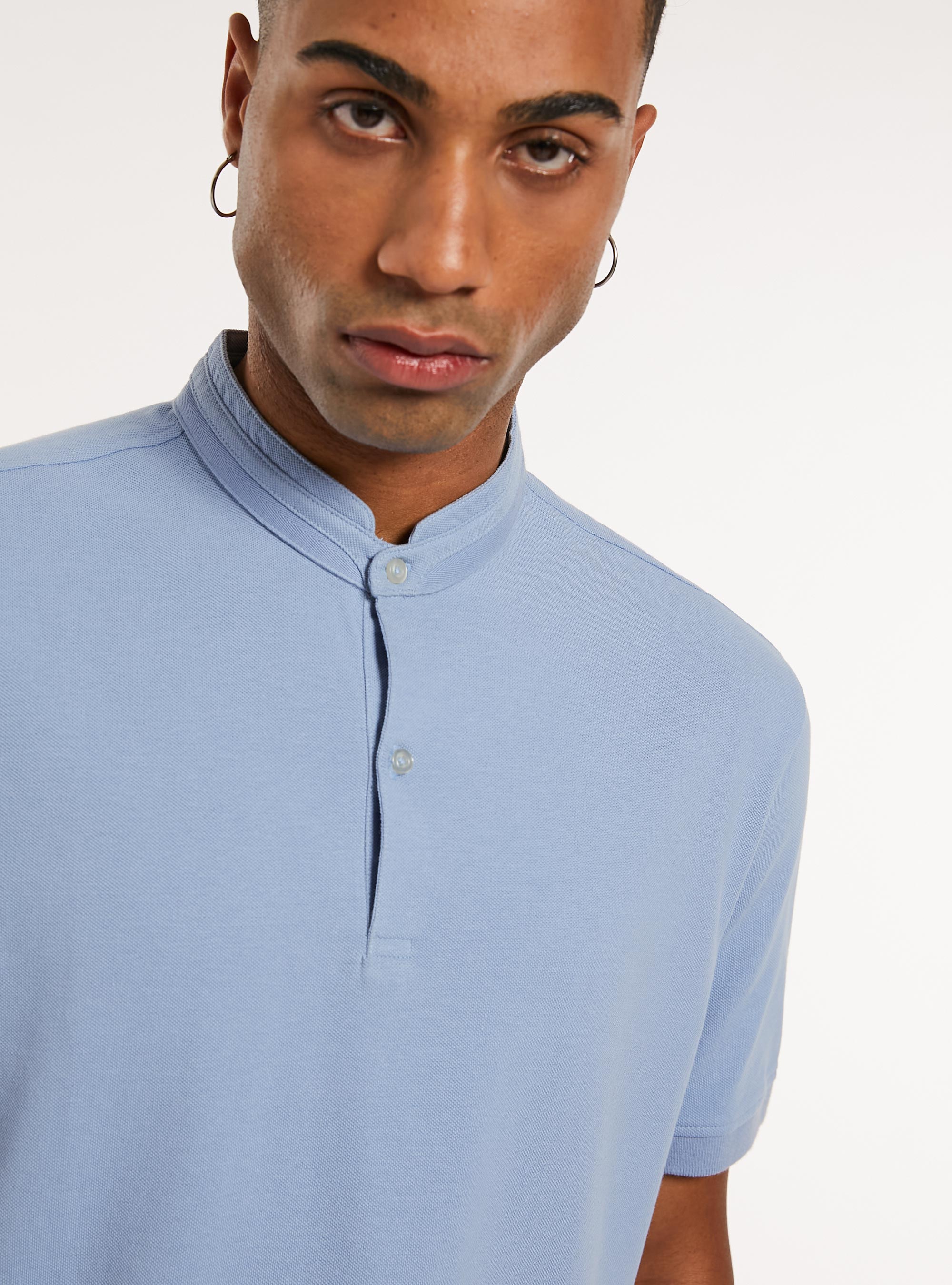 Polo en Coton &agrave; Col Officier, AZ2 AZURE MEDIUM