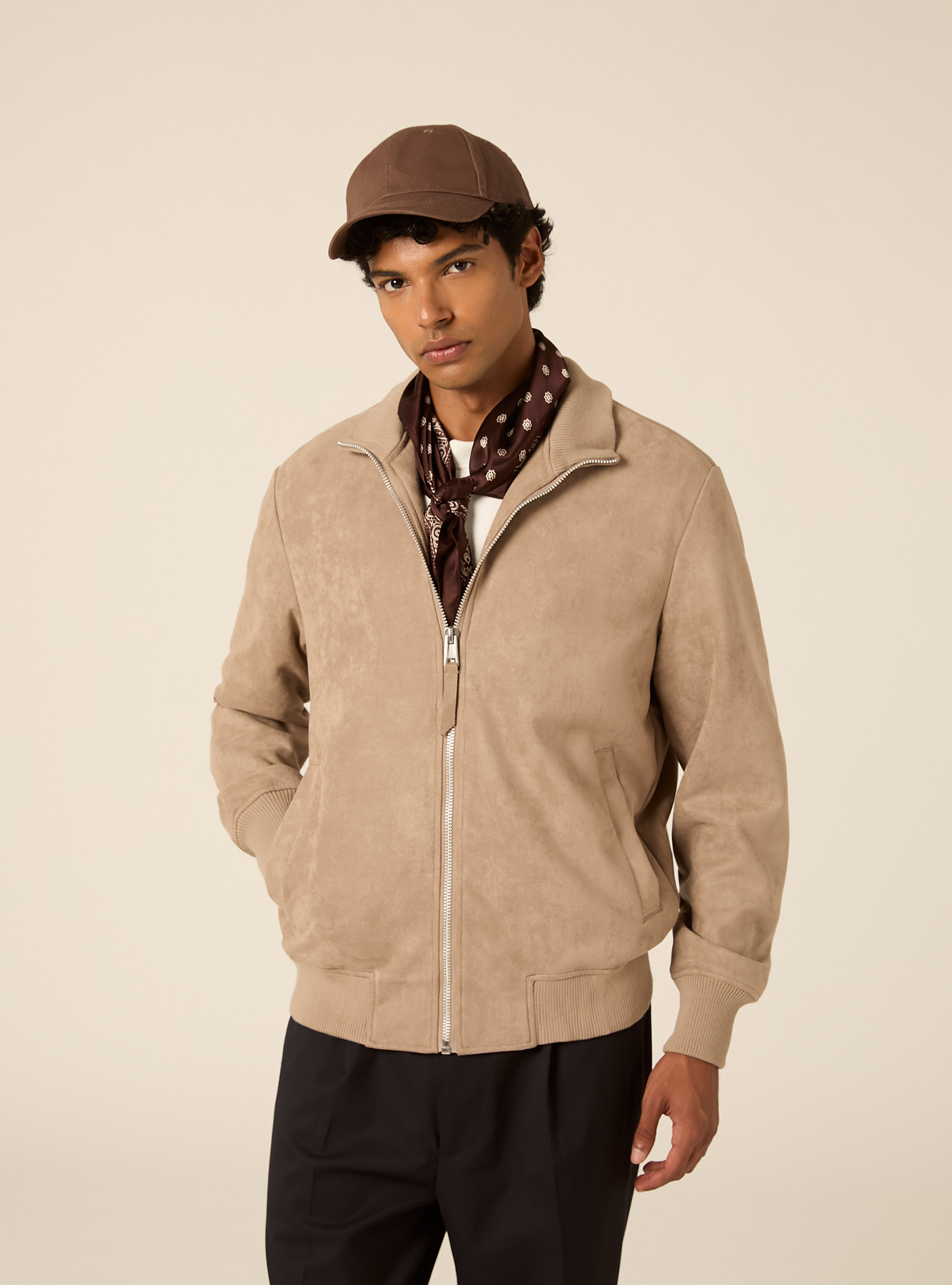Faux suede high neck zip jacket, SA2 SAND MEDIUM